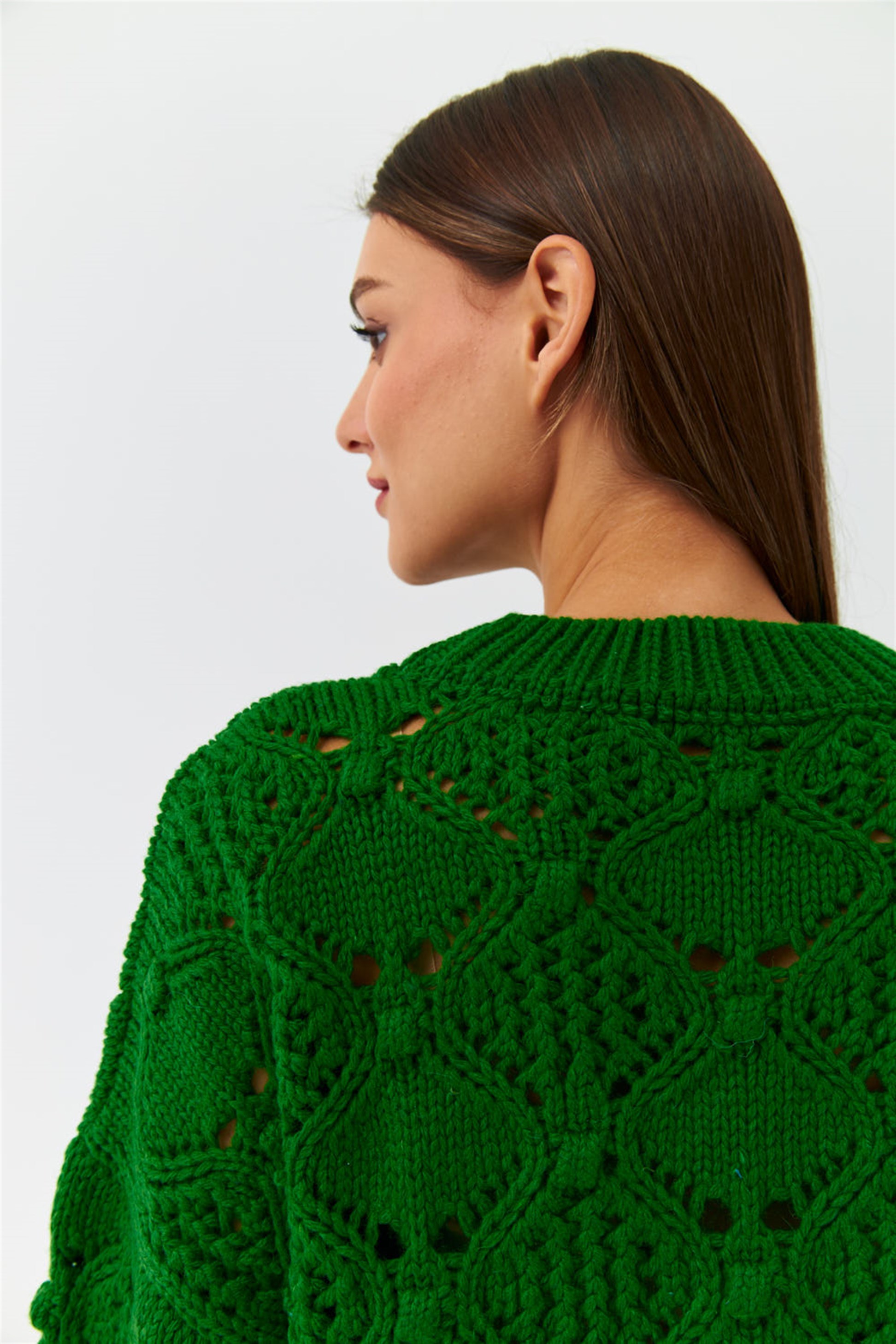 Bicycle Collar Openwork Pattern Knitwear Green Women Sweater