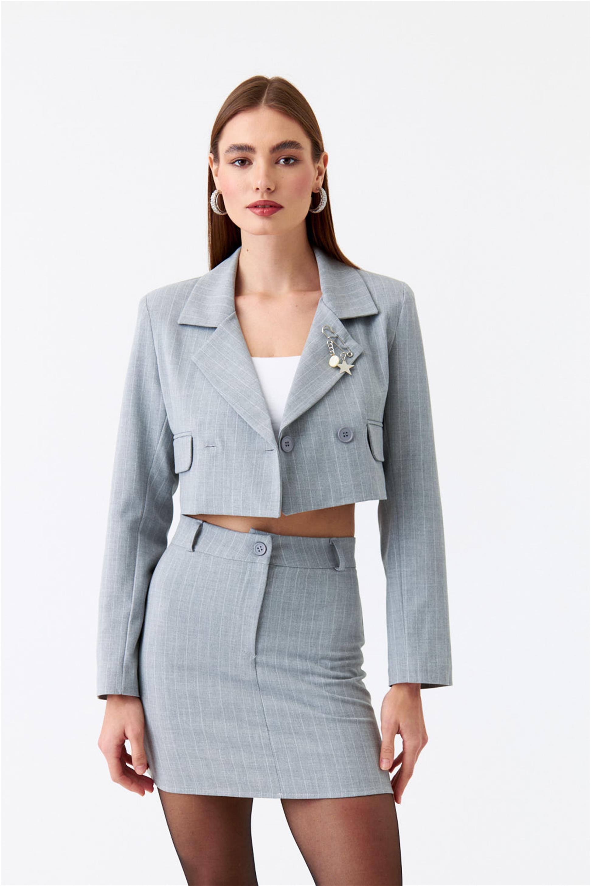 Blazer Çizgili Ceket Etek Gri Kadın Takım | Tuba Butik