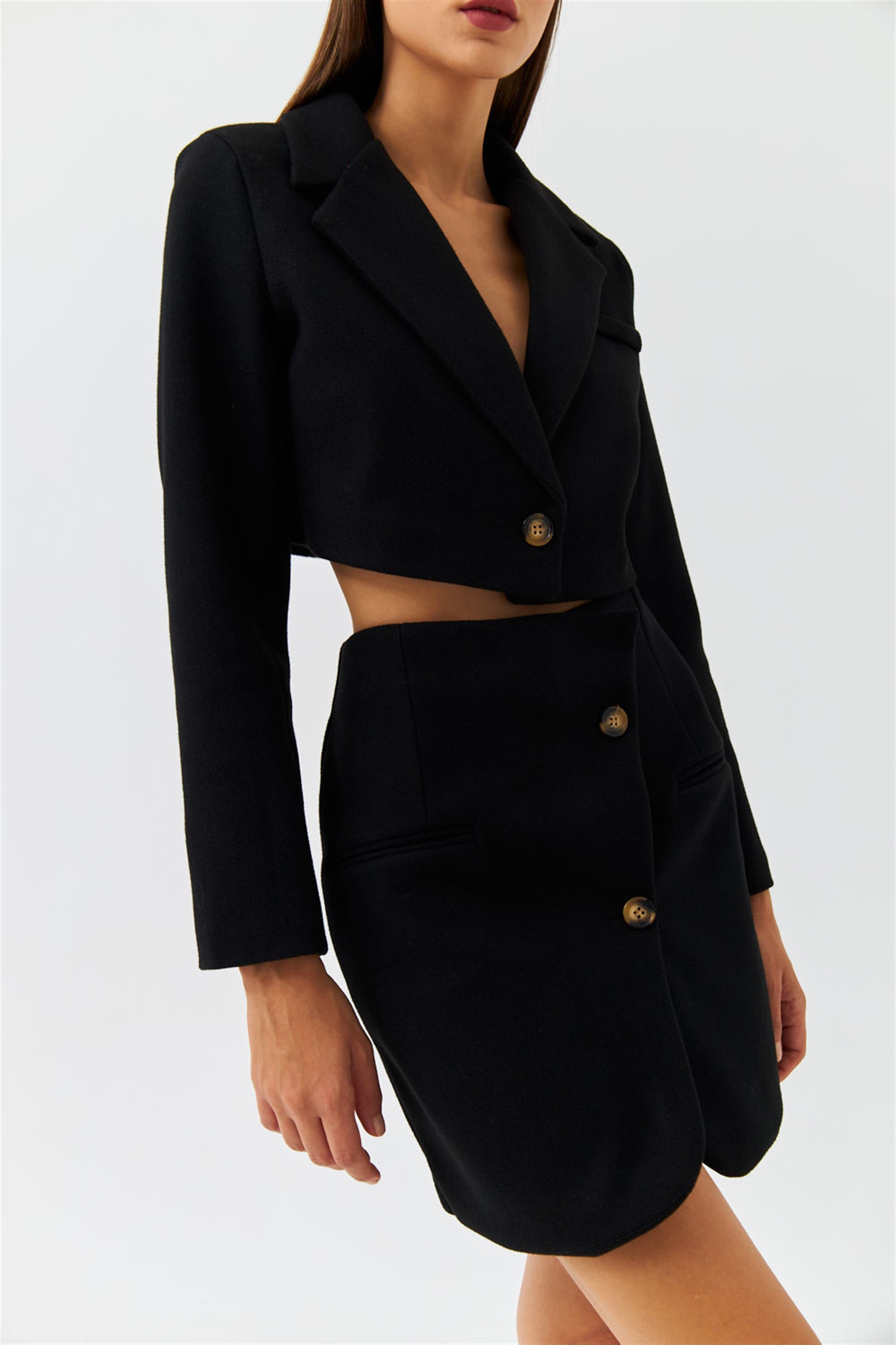 Blazer Crop Jacket Skirt Black Women's Double Suit | Tuba Butik