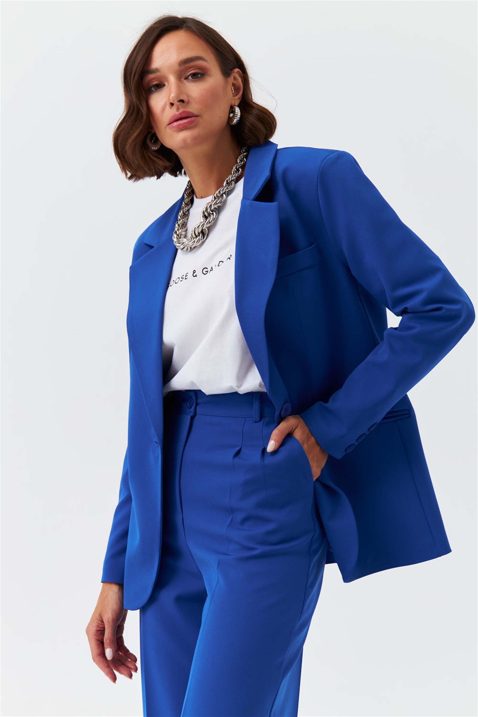 Blazer Saks Mavi Kadın Ceket | Tuba Butik