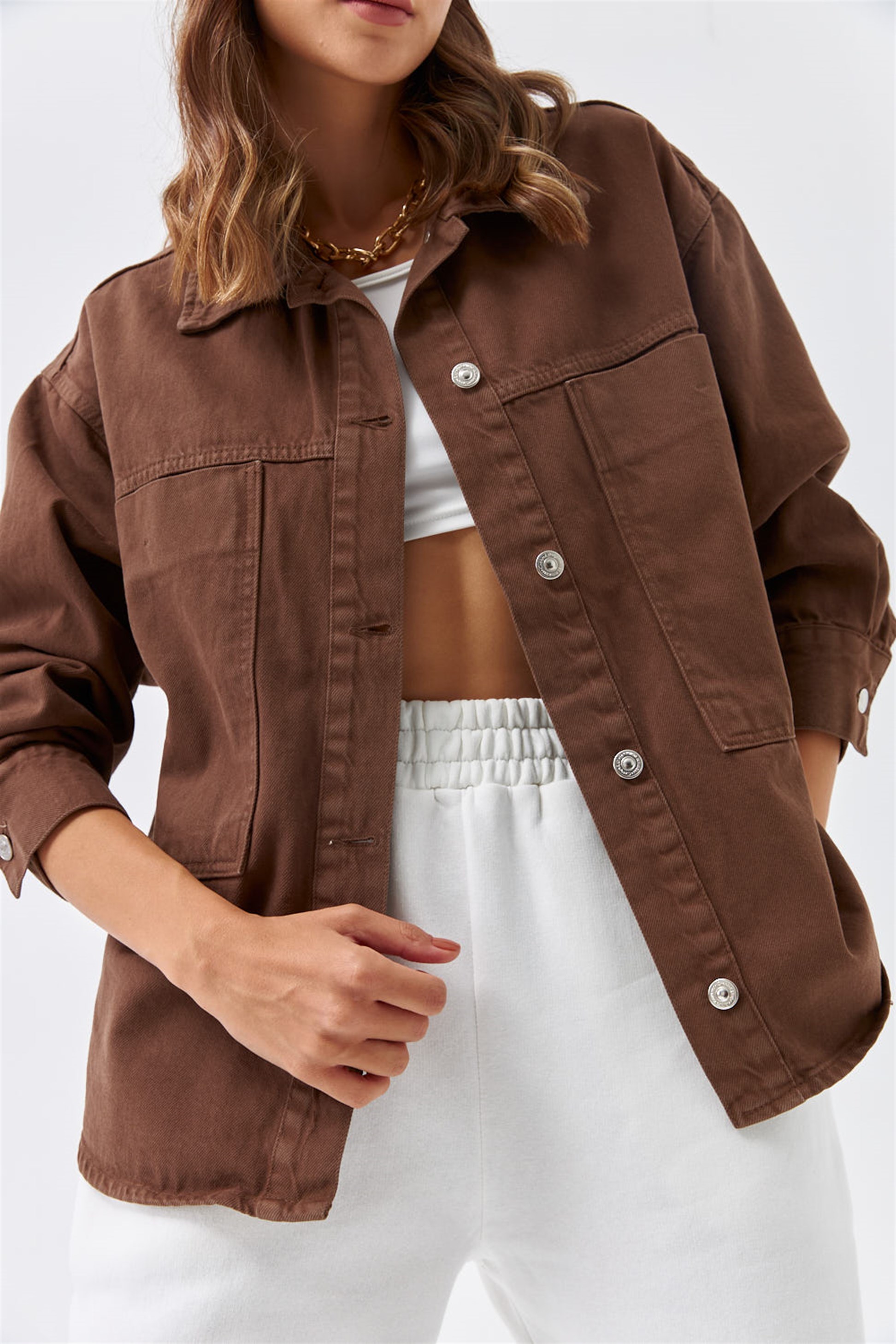 Büyük Cepli Oversize Kahverengi Kadın Ceket | Tuba Butik