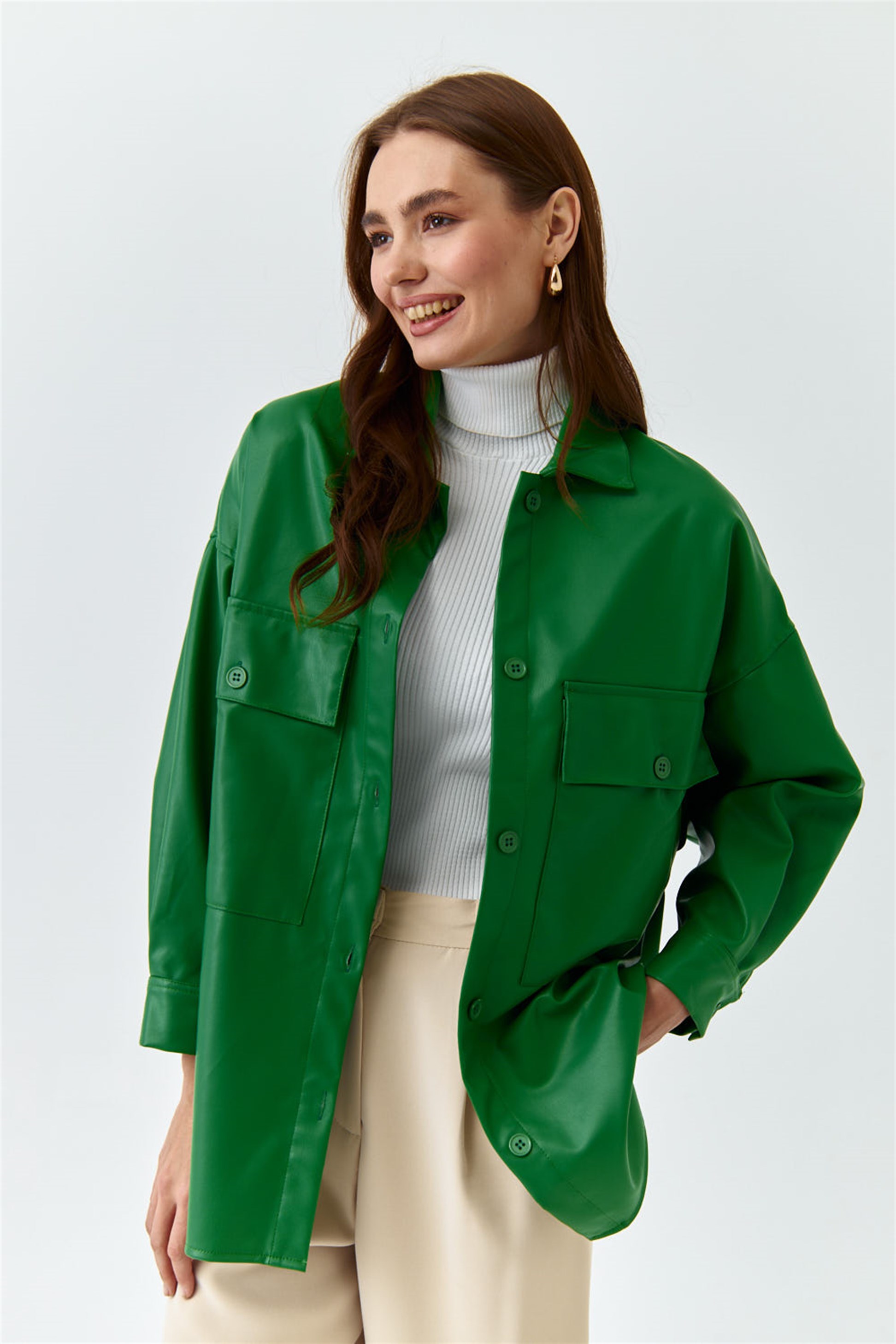Çift Cepli Suni Deri Yeşil Kadın Gömlek Ceket | Tuba Butik