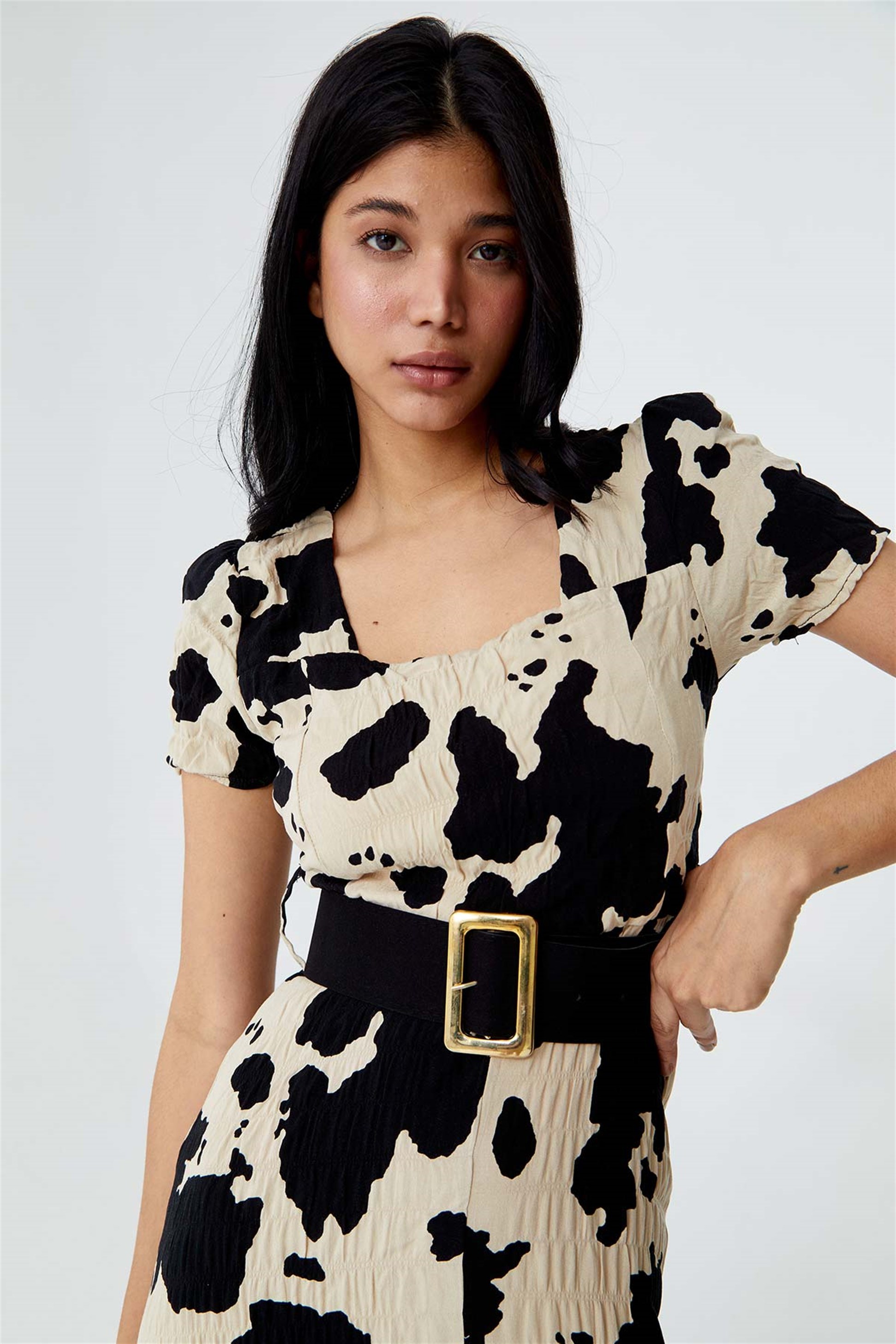 Cow pattern black dress with homeland | Tuba Butik