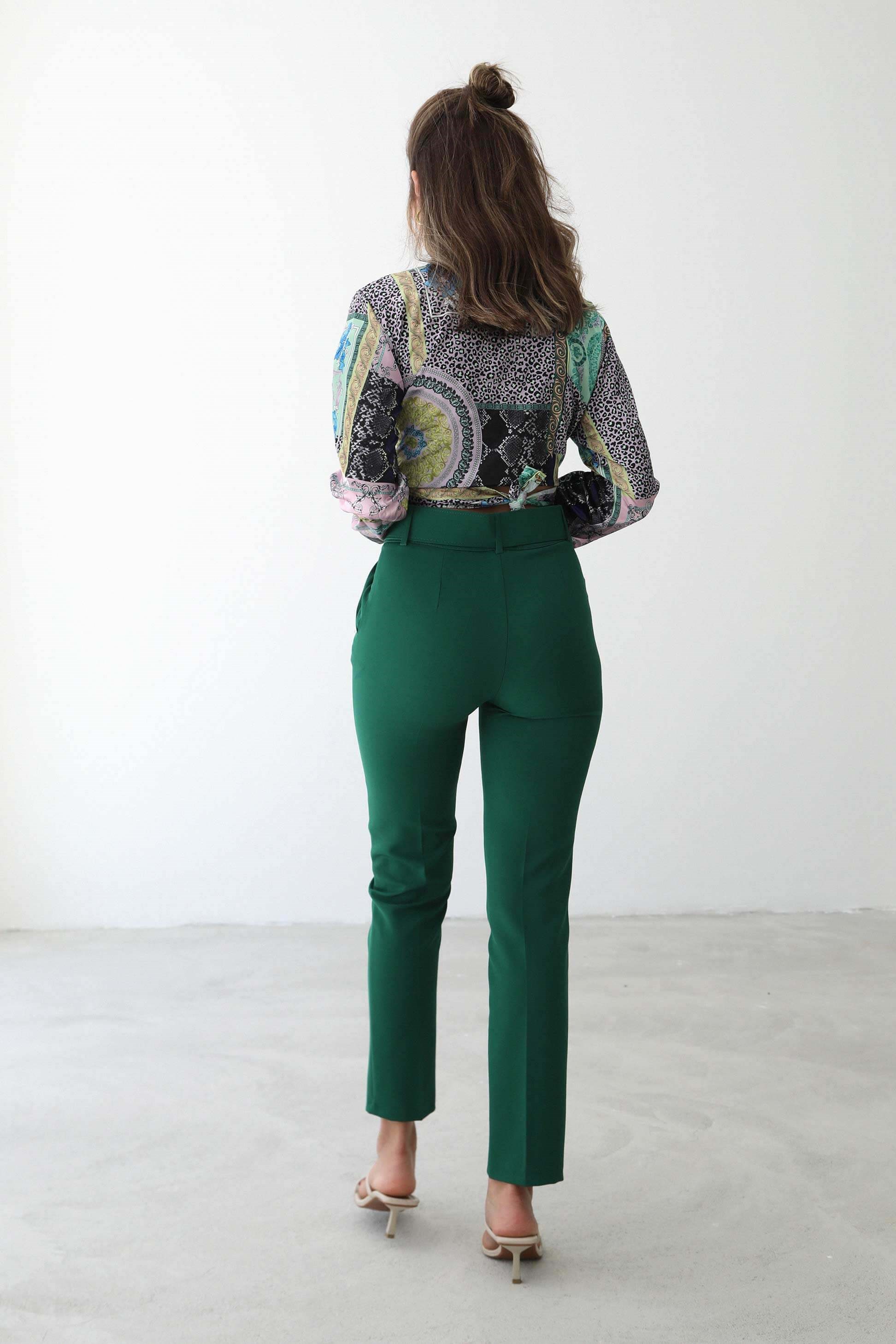 Dar Paça Kemerli Koyu Yeşil Kadın Kumaş Pantolon - Tuba Butik