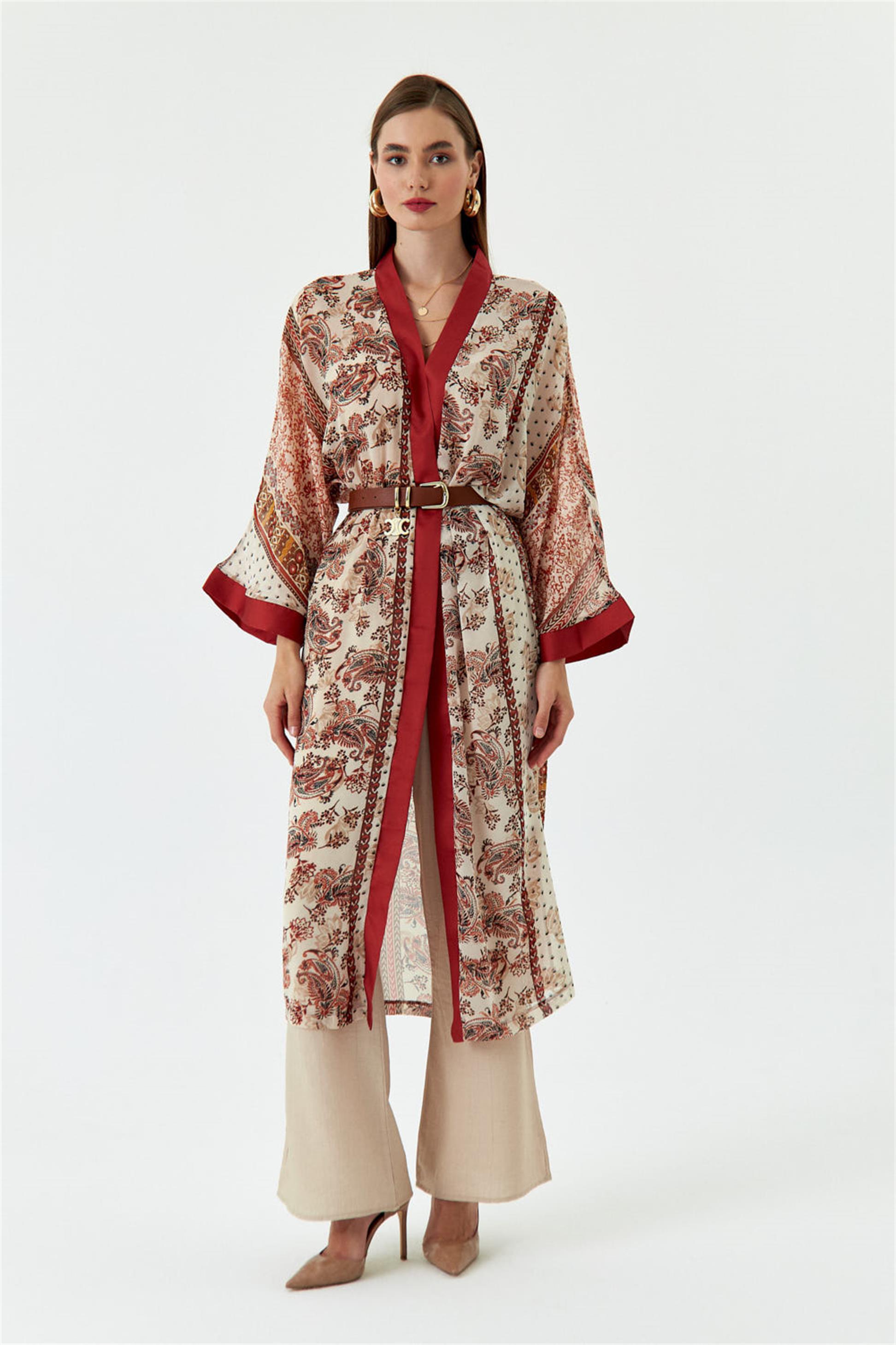 Patterned Chiffon Tan Kimono