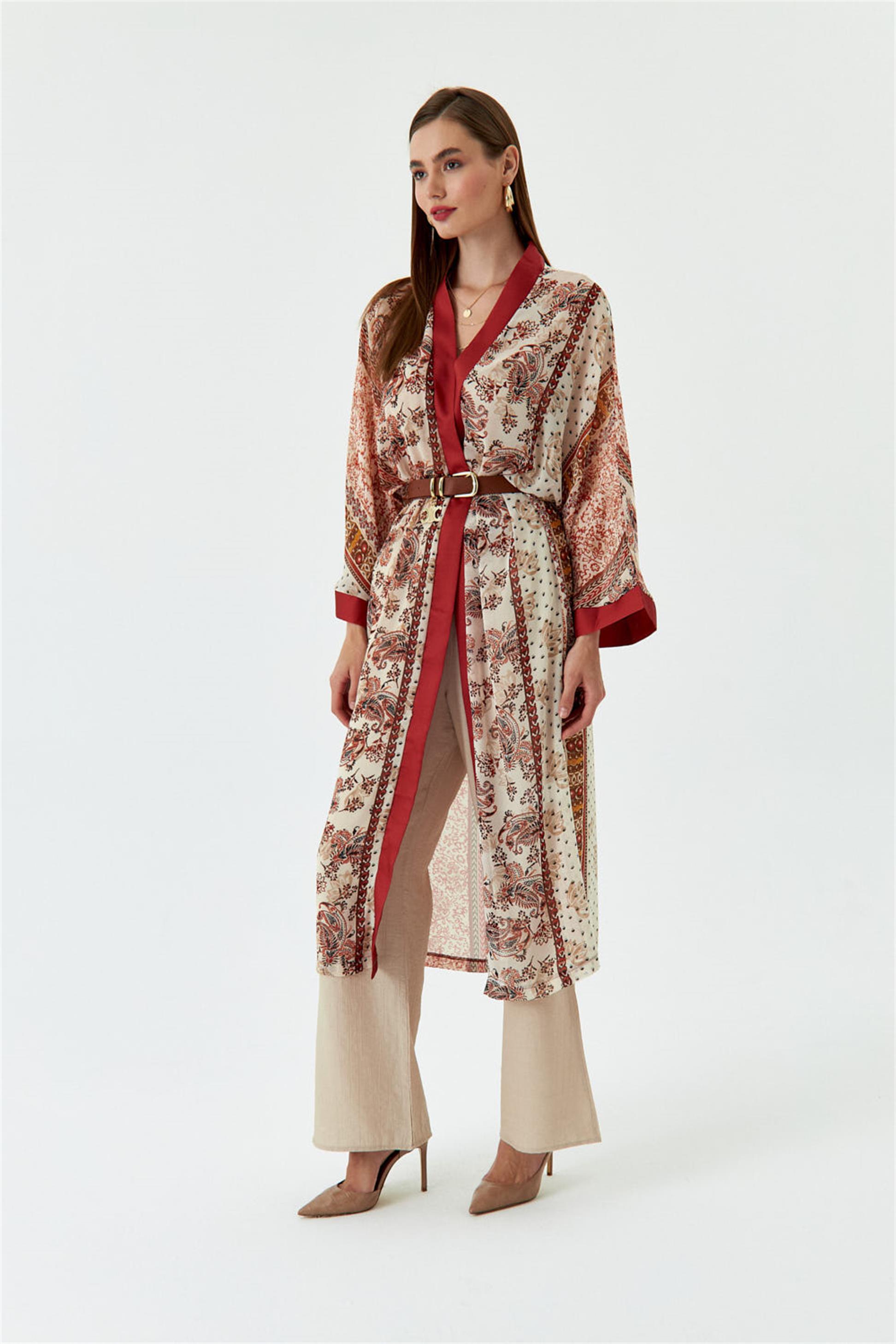 Patterned Chiffon Tan Kimono