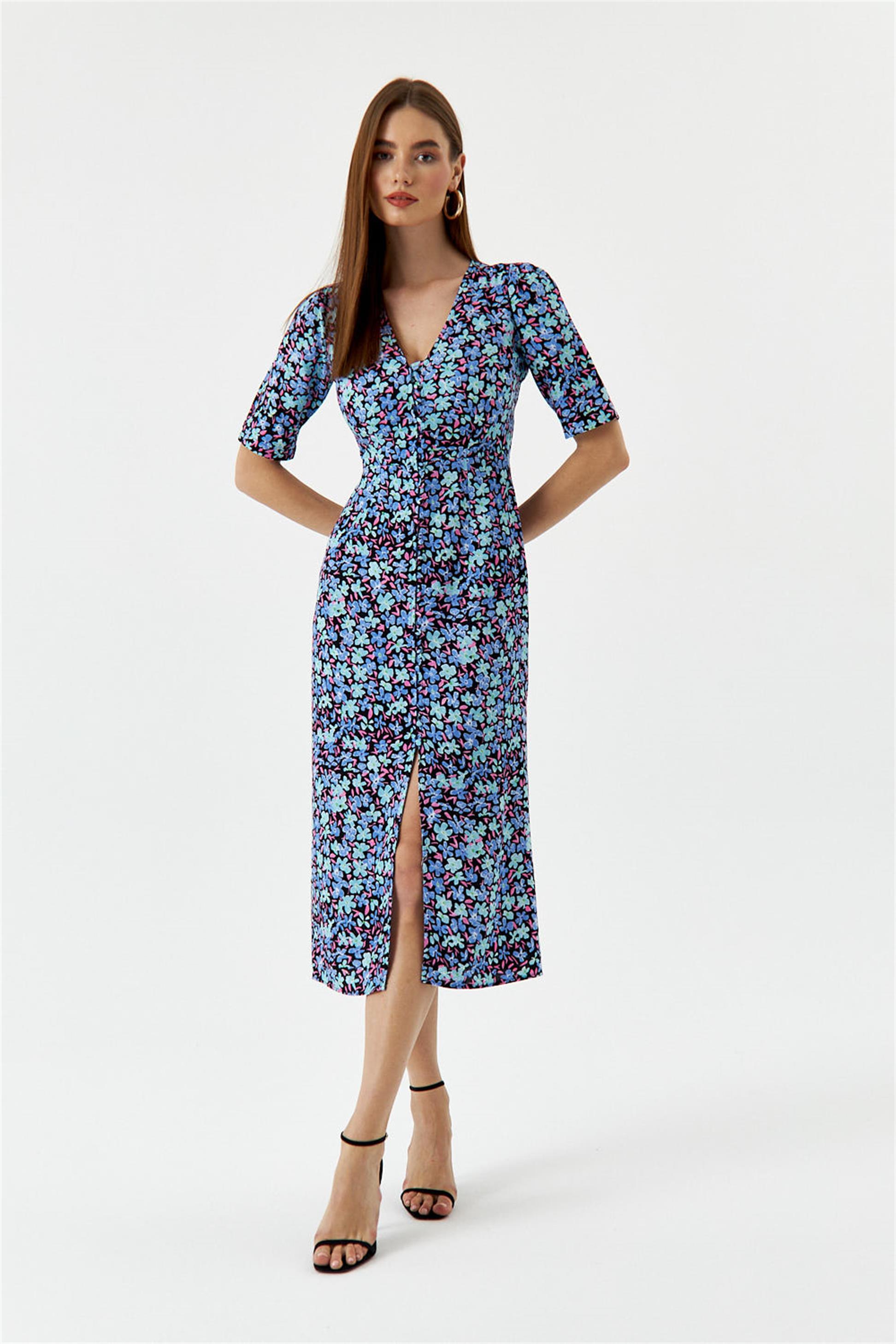 Patterned V-Neck Blue Midi Dress