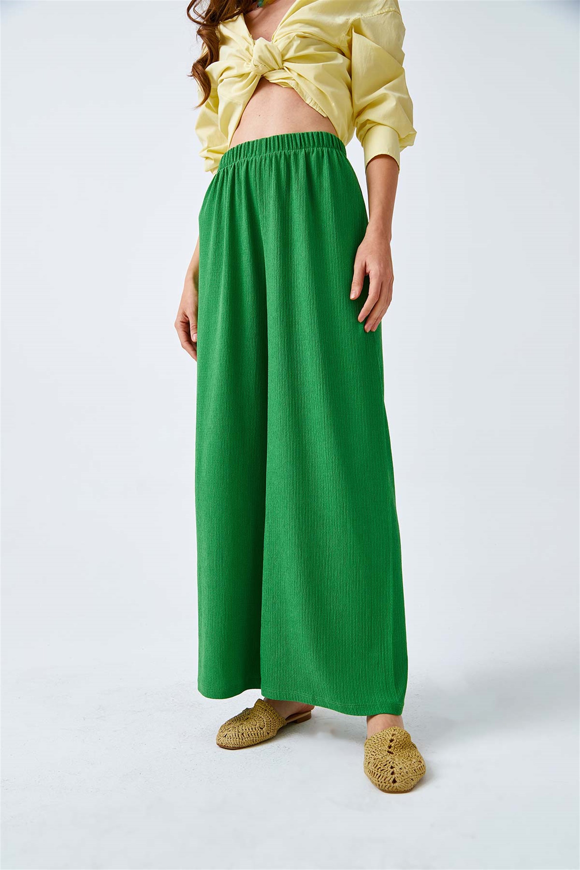 Dökümlü Geniş Paça Yeşil Kadın Pantolon | Tuba Butik