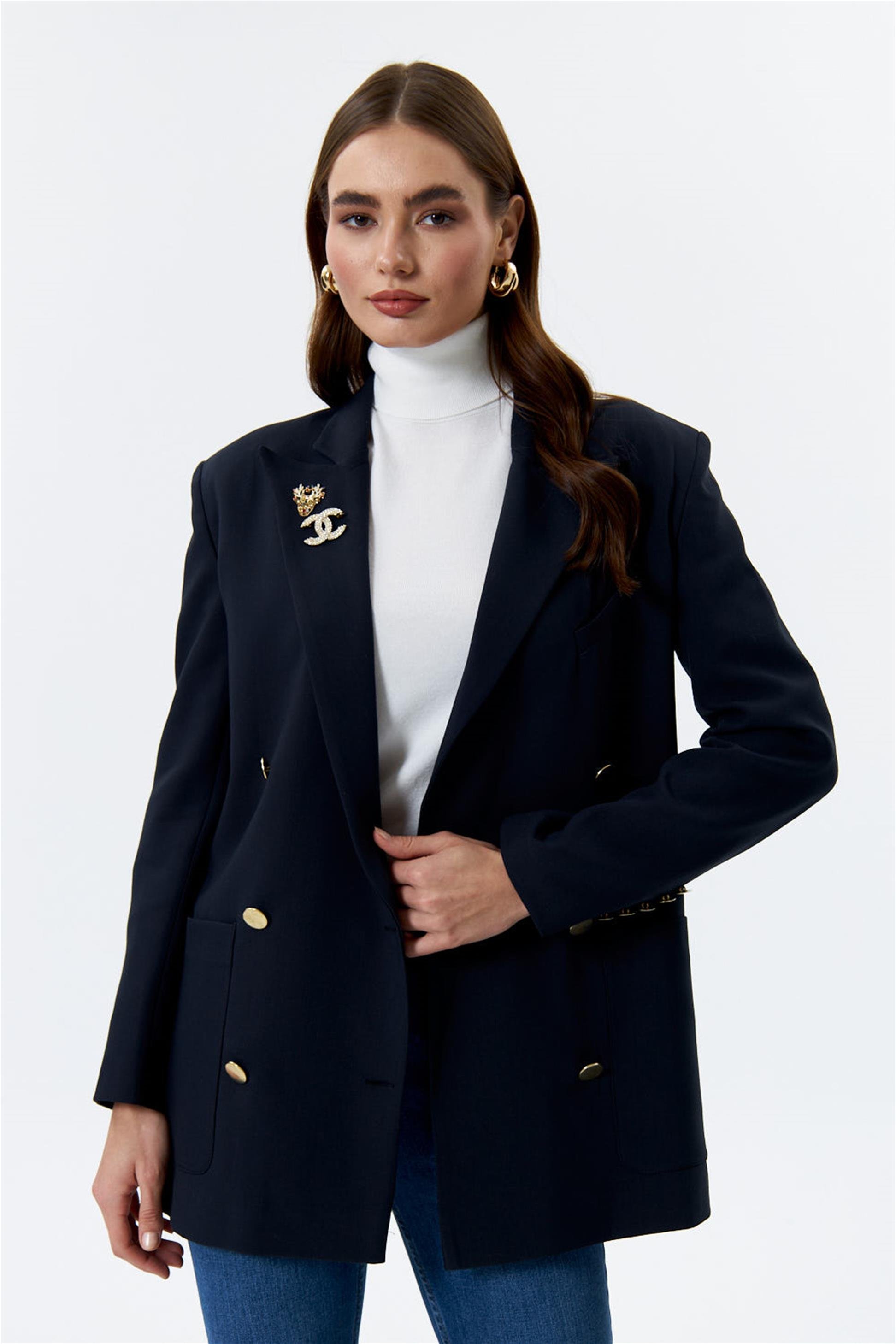 Dore Düğmeli Kruvaze Blazer Koyu Lacivert Kadın Ceket | Tuba Butik