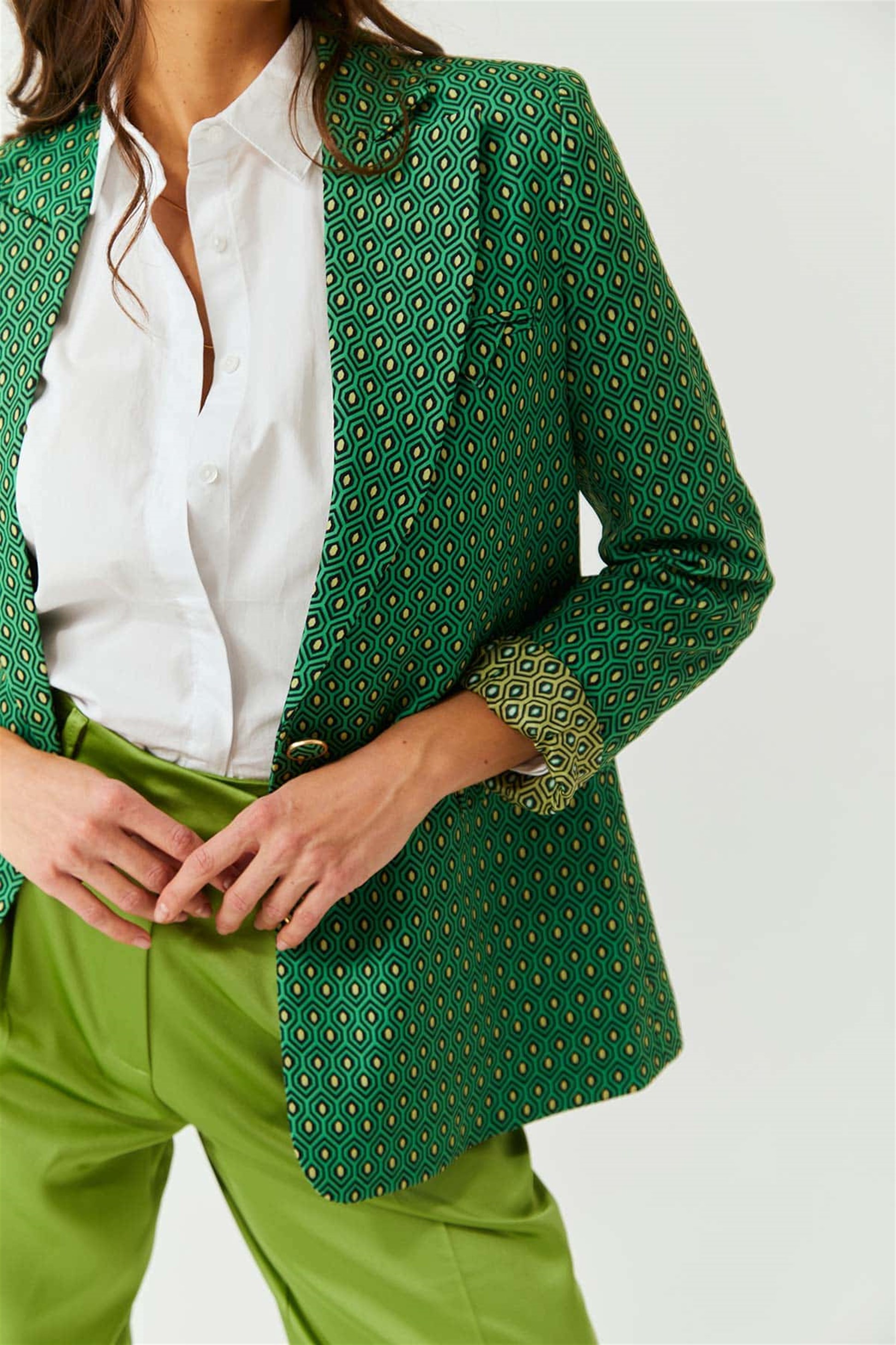 Düğme Detaylı Blazer Kadın Yeşil Ceket | Tuba Butik