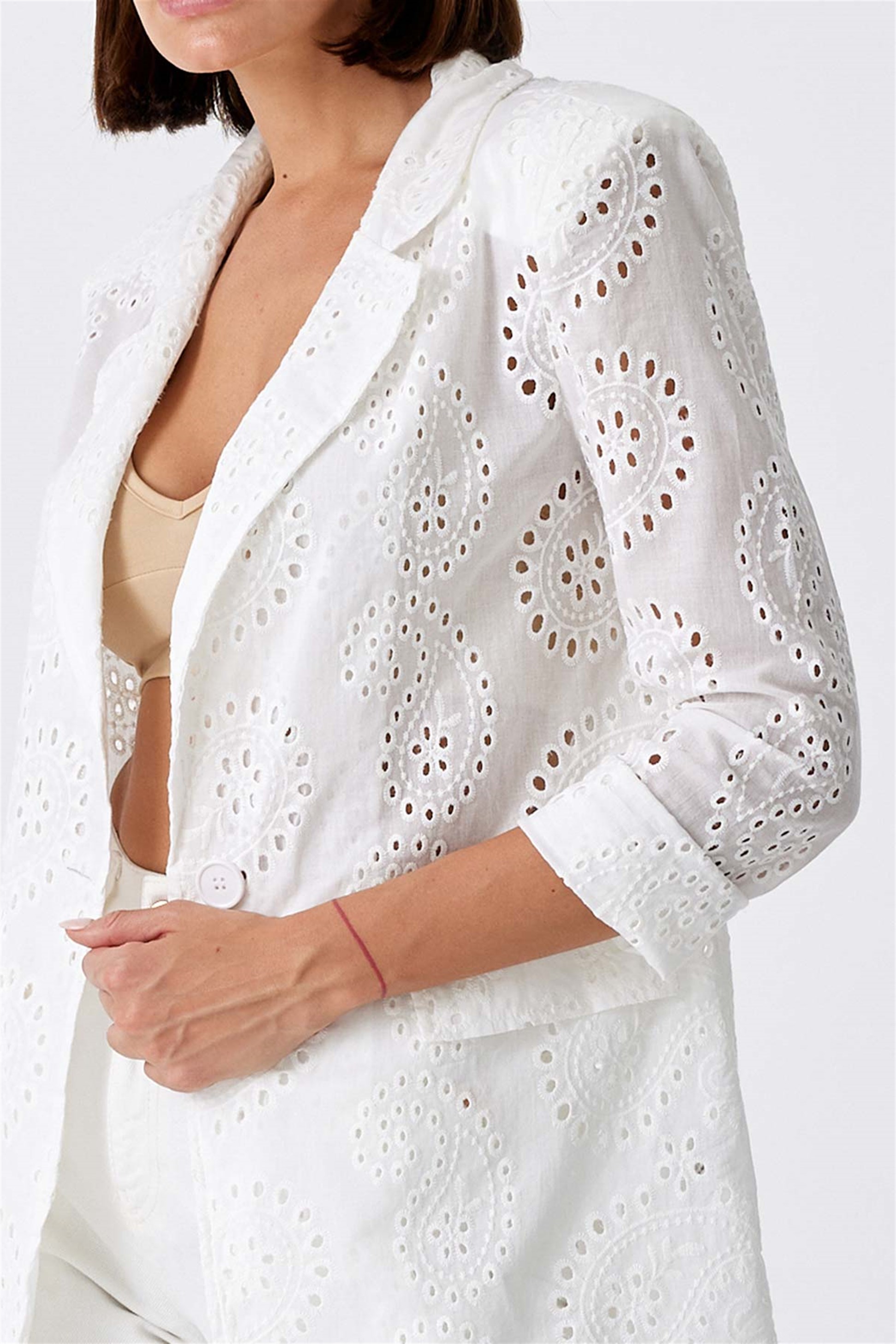 Fisto Embroidered Blazer White Women Jacket | Tuba Butik