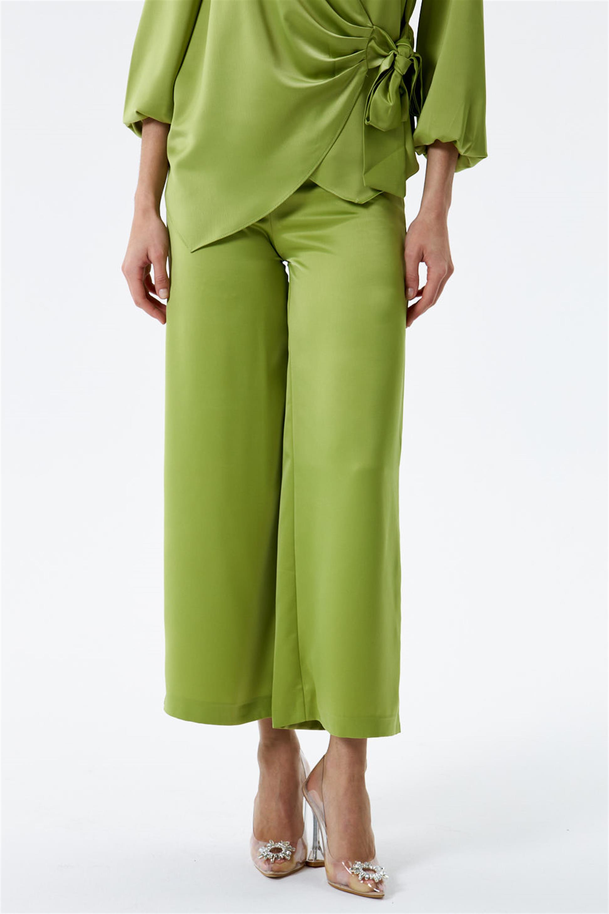 Wide Leg Satin Oil Green Women's Trousers | Tuba Boutique