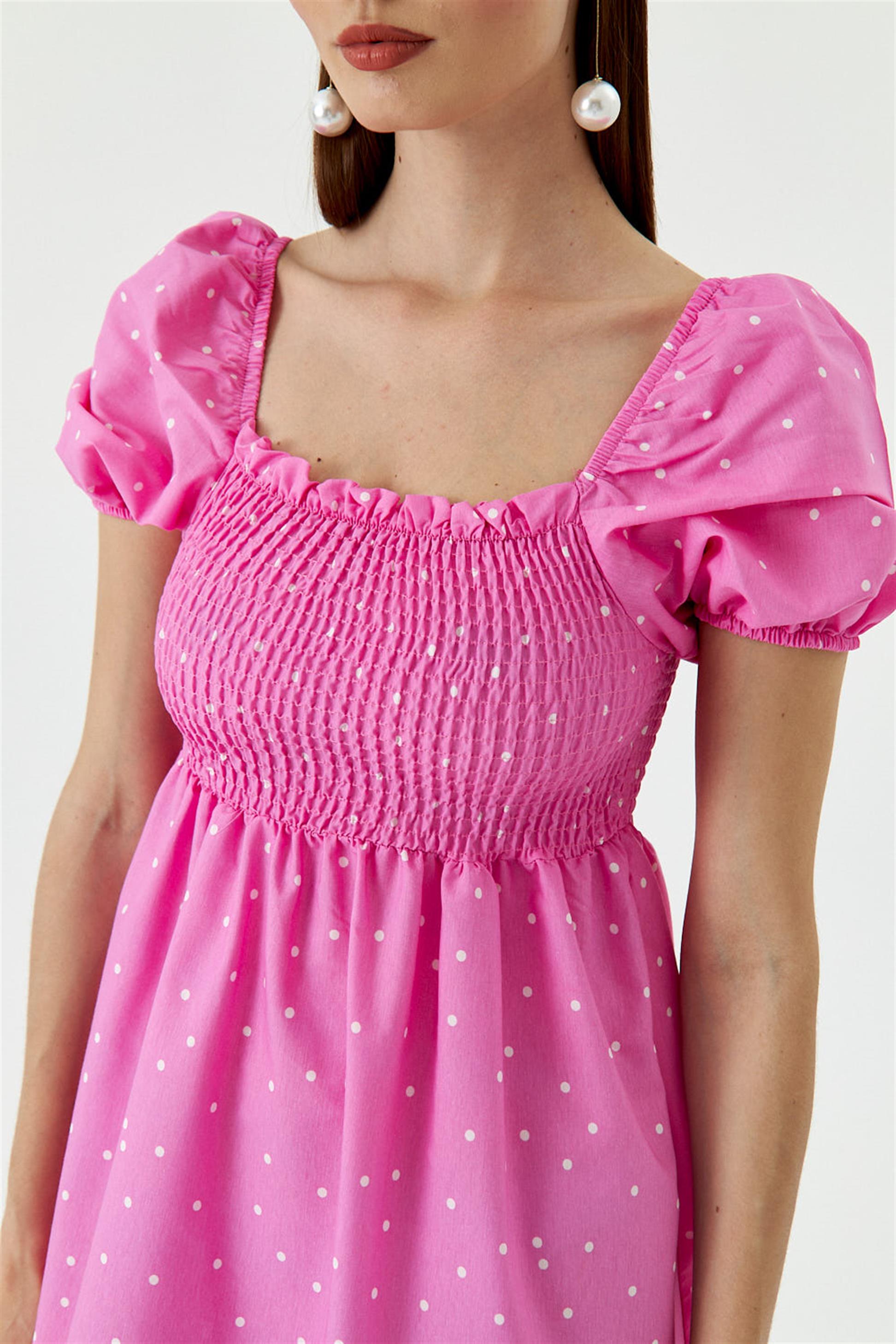 Gipe Detailed Polka Dot Dark Pink Midi Dress