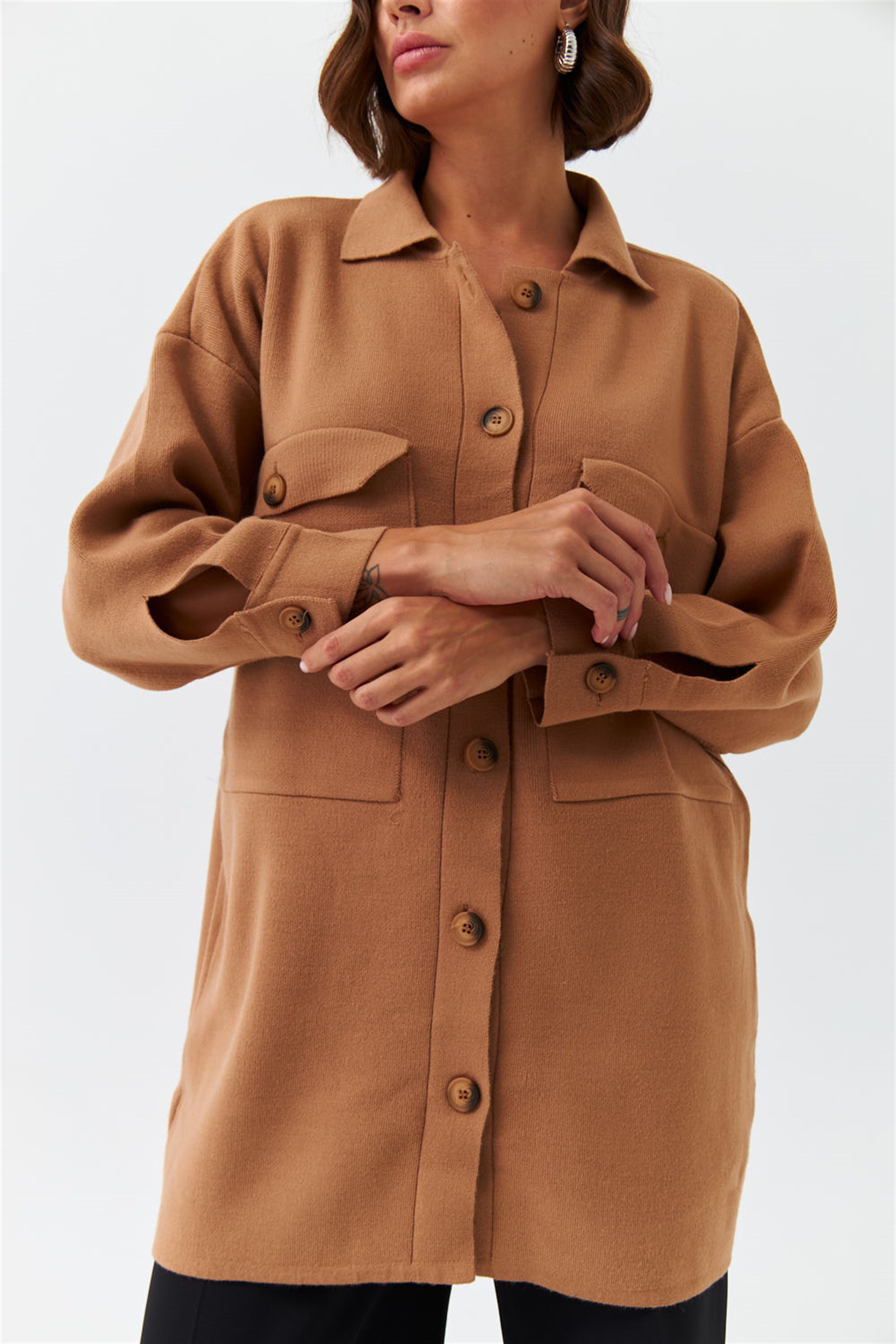 Gömlek Yaka Cepli Açık Kahverengi Kadın Triko Hırka | Tuba Butik