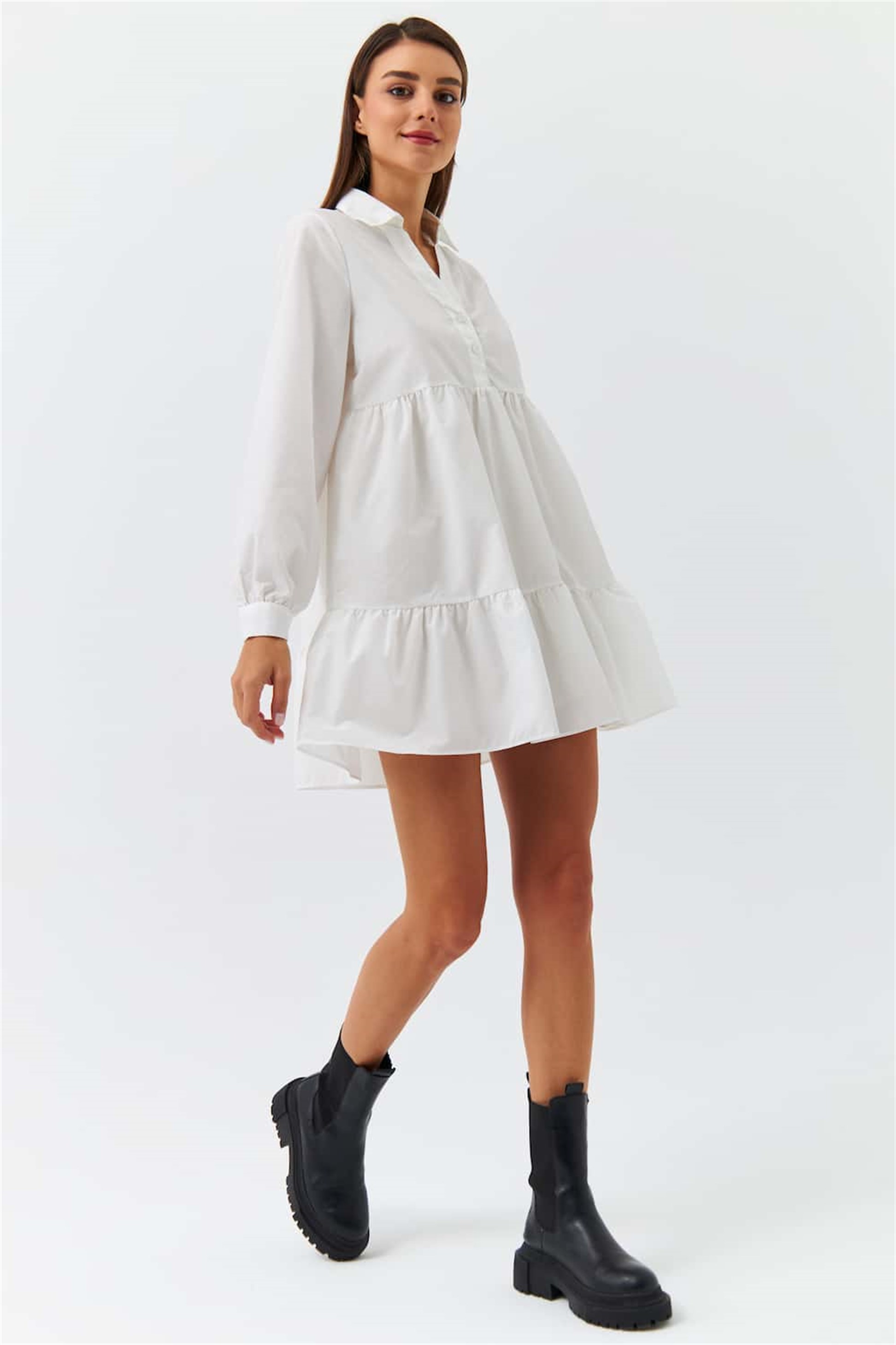 Gömlek Yaka Düğmeli Kloş Beyaz Elbise | Tuba Butik