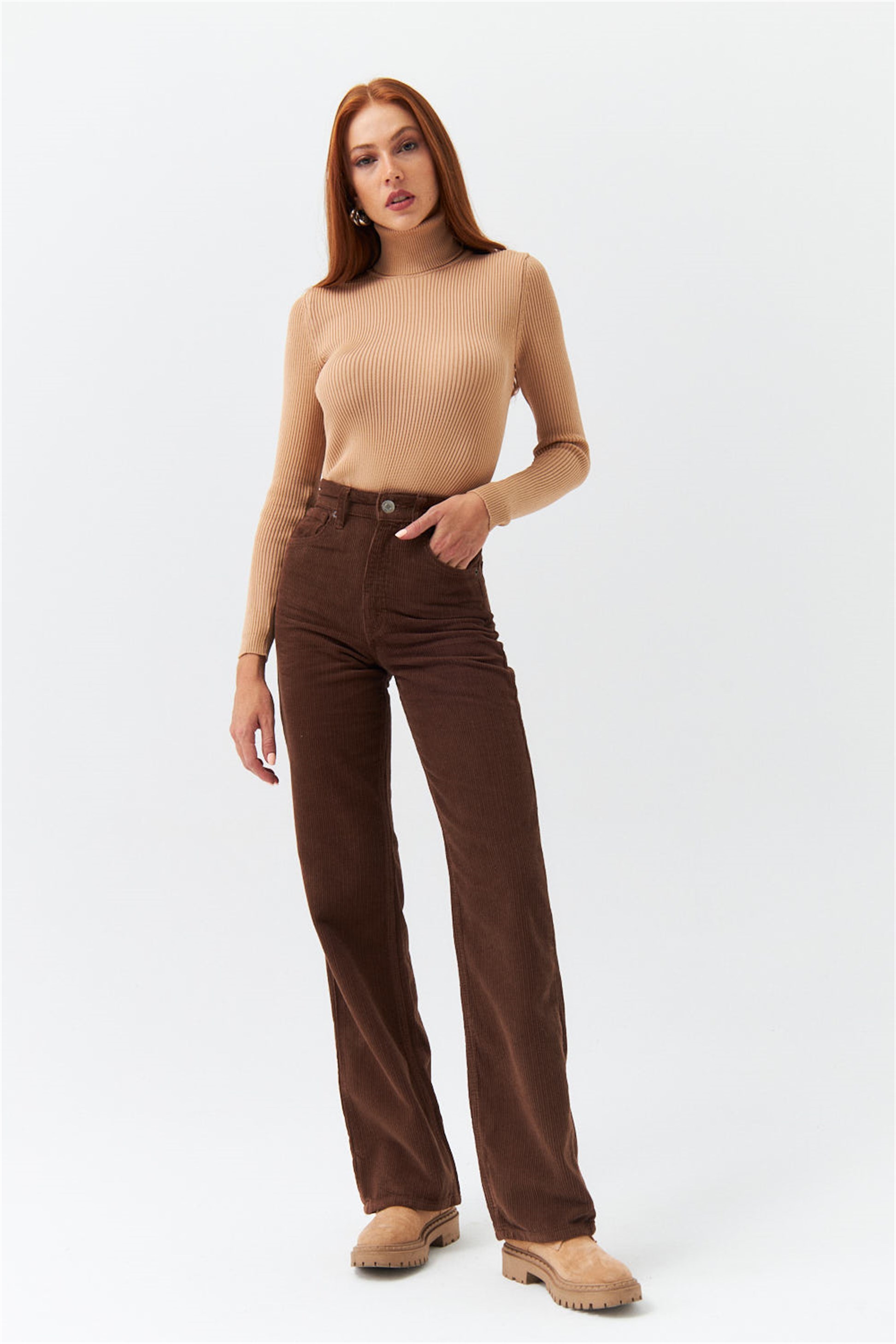 Velvet High Waist Brown Women's Trousers