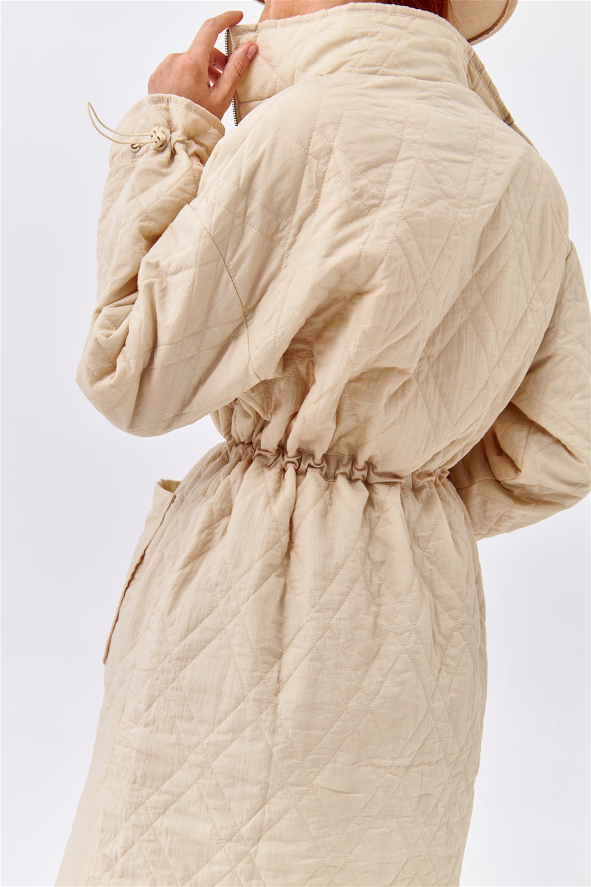 Quilted Fine Beige Woman Coat | Tuba Butik