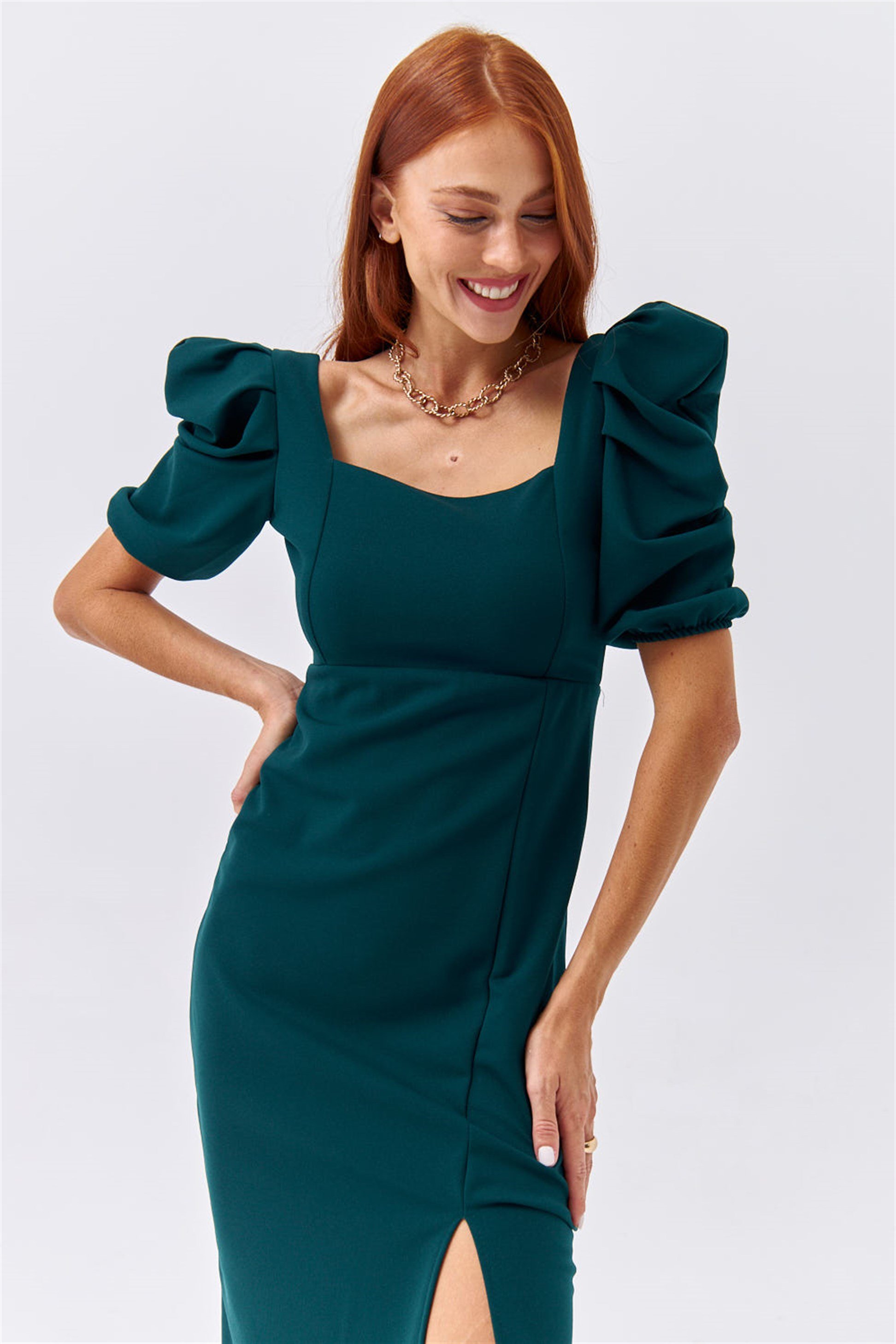 Square Collar Slit Pencil Emerald Green Dress | Tuba Butik