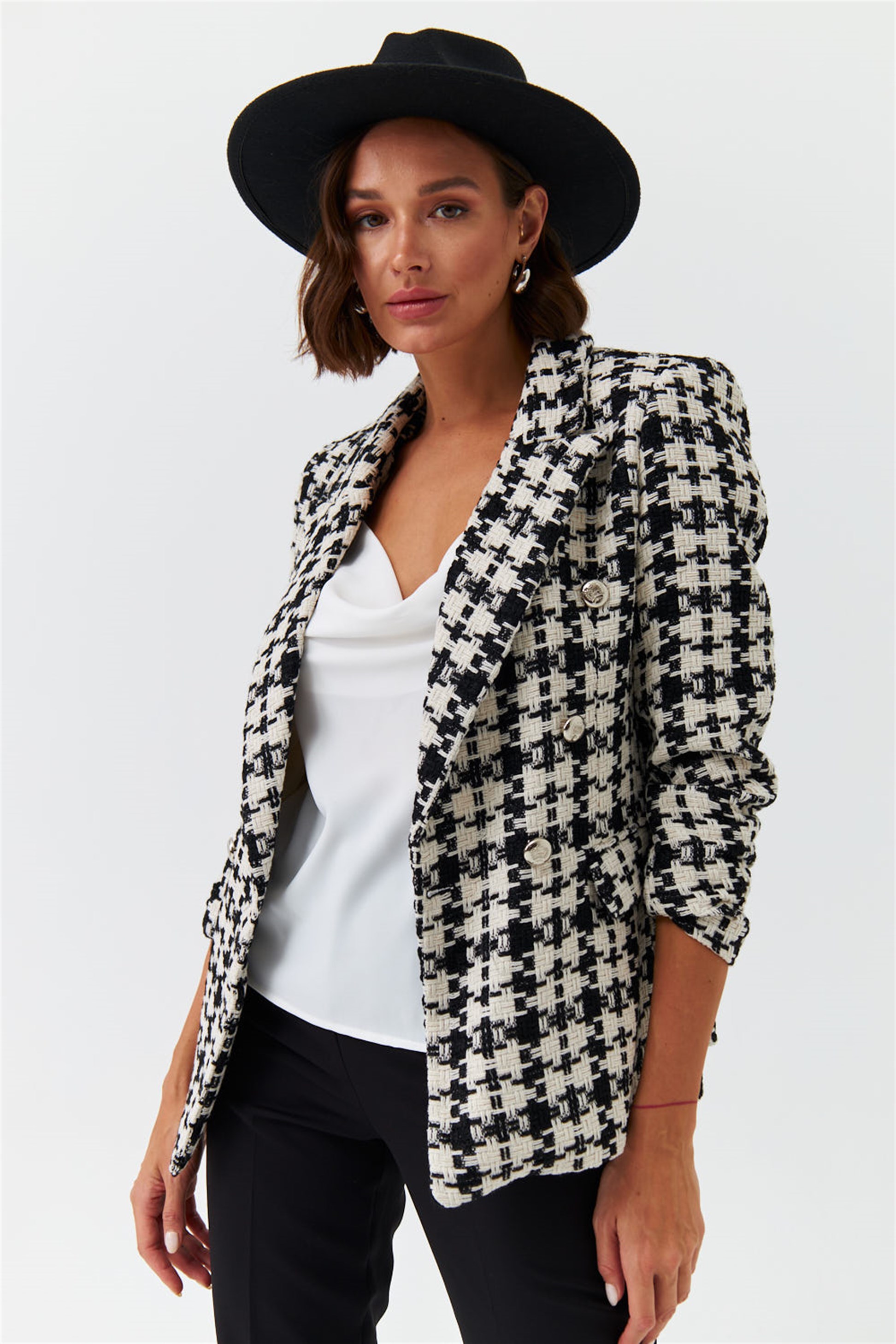 Crowbar Pattern Blazer Black Women's Jacket | Tuba Butik