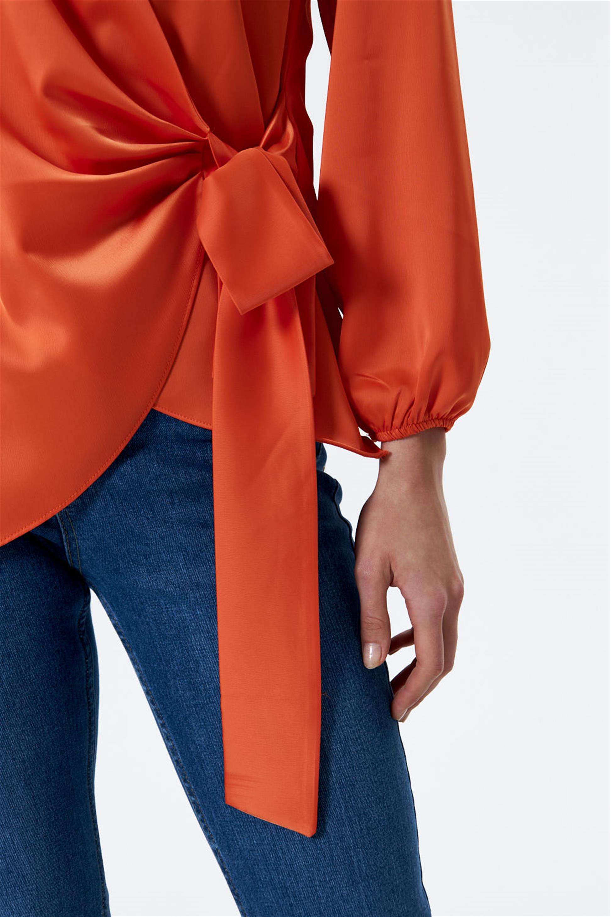 Double Breasted Tie Orange Women's Satin Blouse | Tuba Boutique