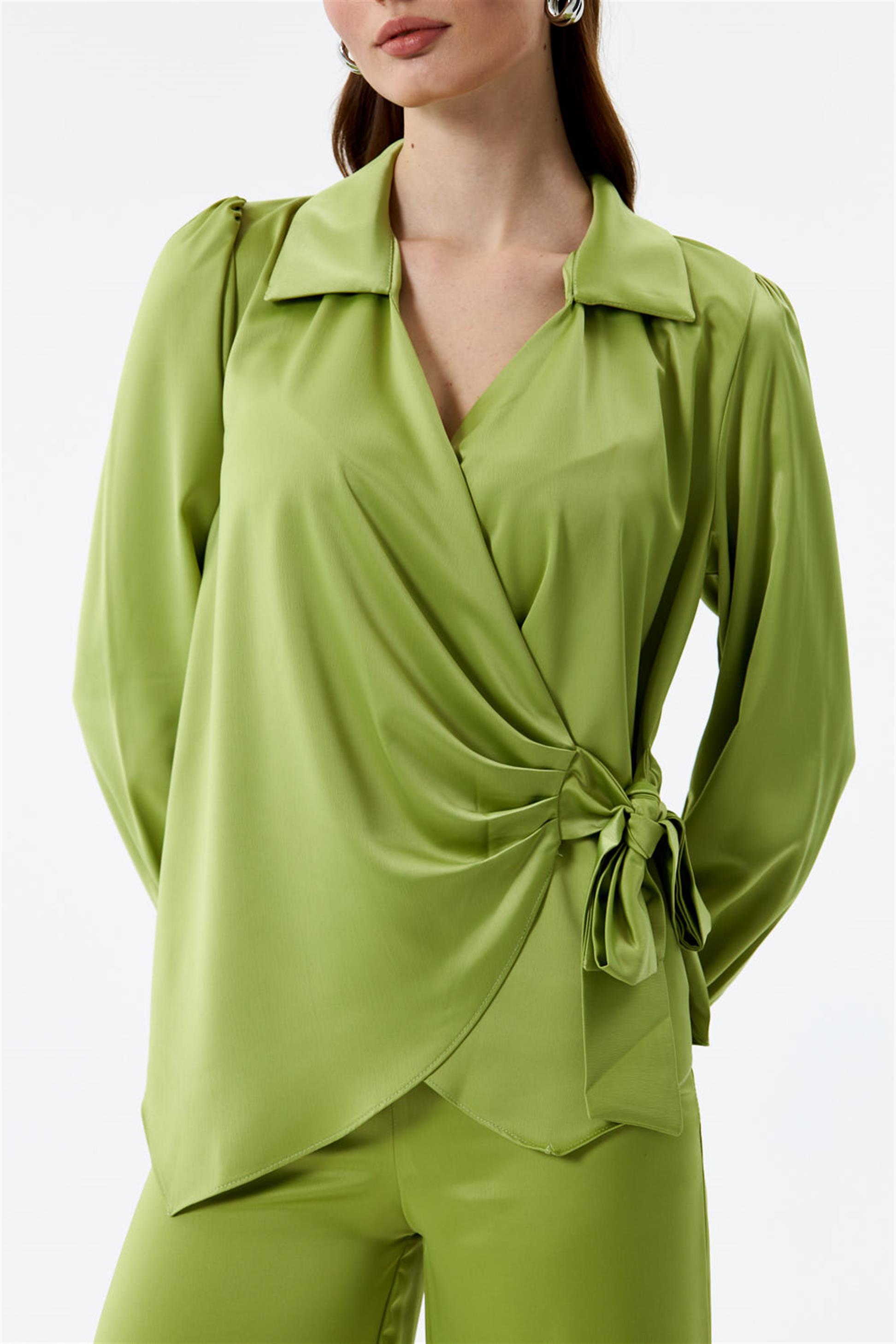 Double Breasted Tie Oil Green Women's Satin Blouse | Tuba Boutique
