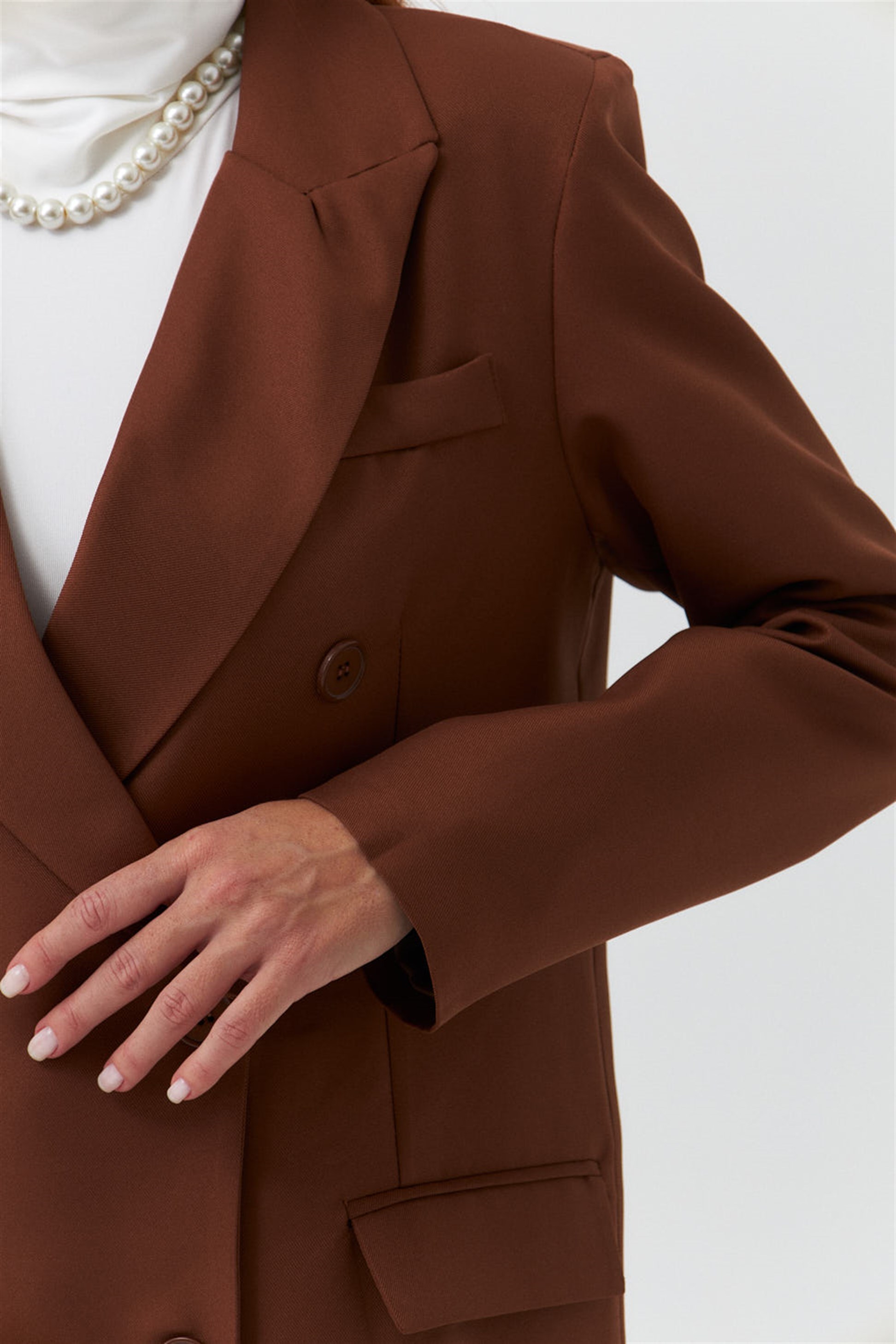 Kruvaze Blazer Kahverengi Kadın Ceket | Tuba Butik