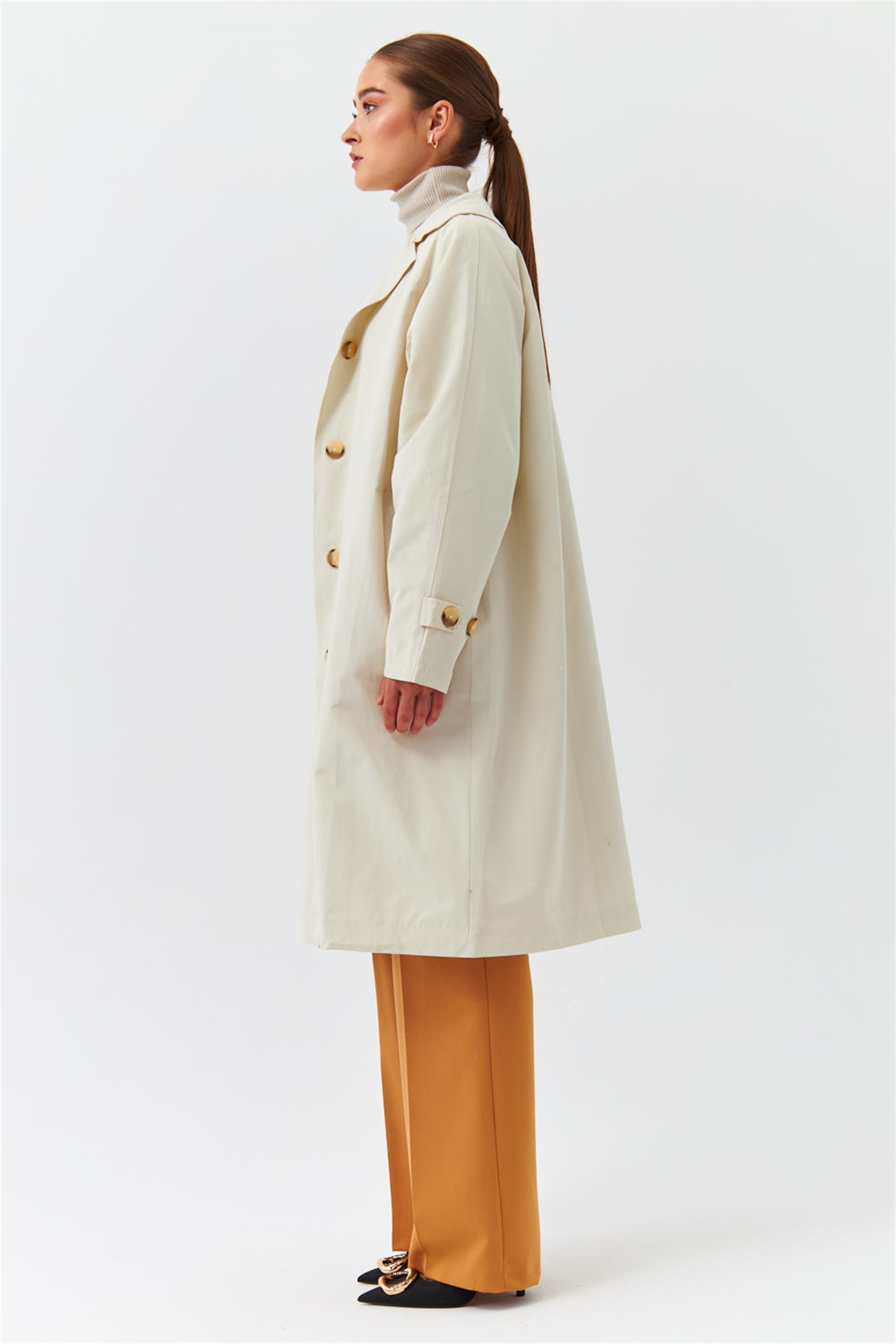 Midi Length Cream Women's Trench Coat With Modest Buttons