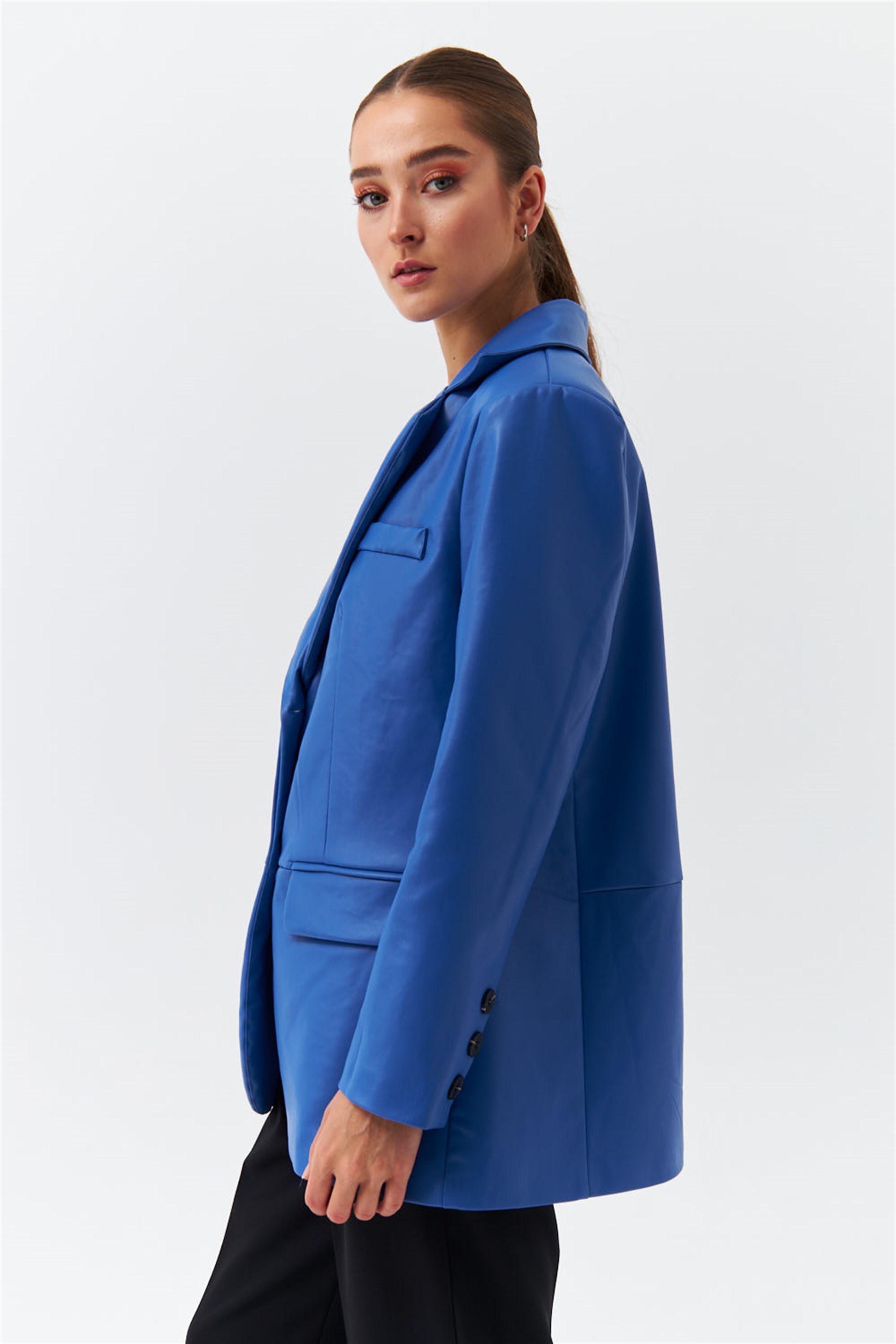Modest Suni Deri Blazer Saks Mavi Kadın Ceket | Tuba Butik