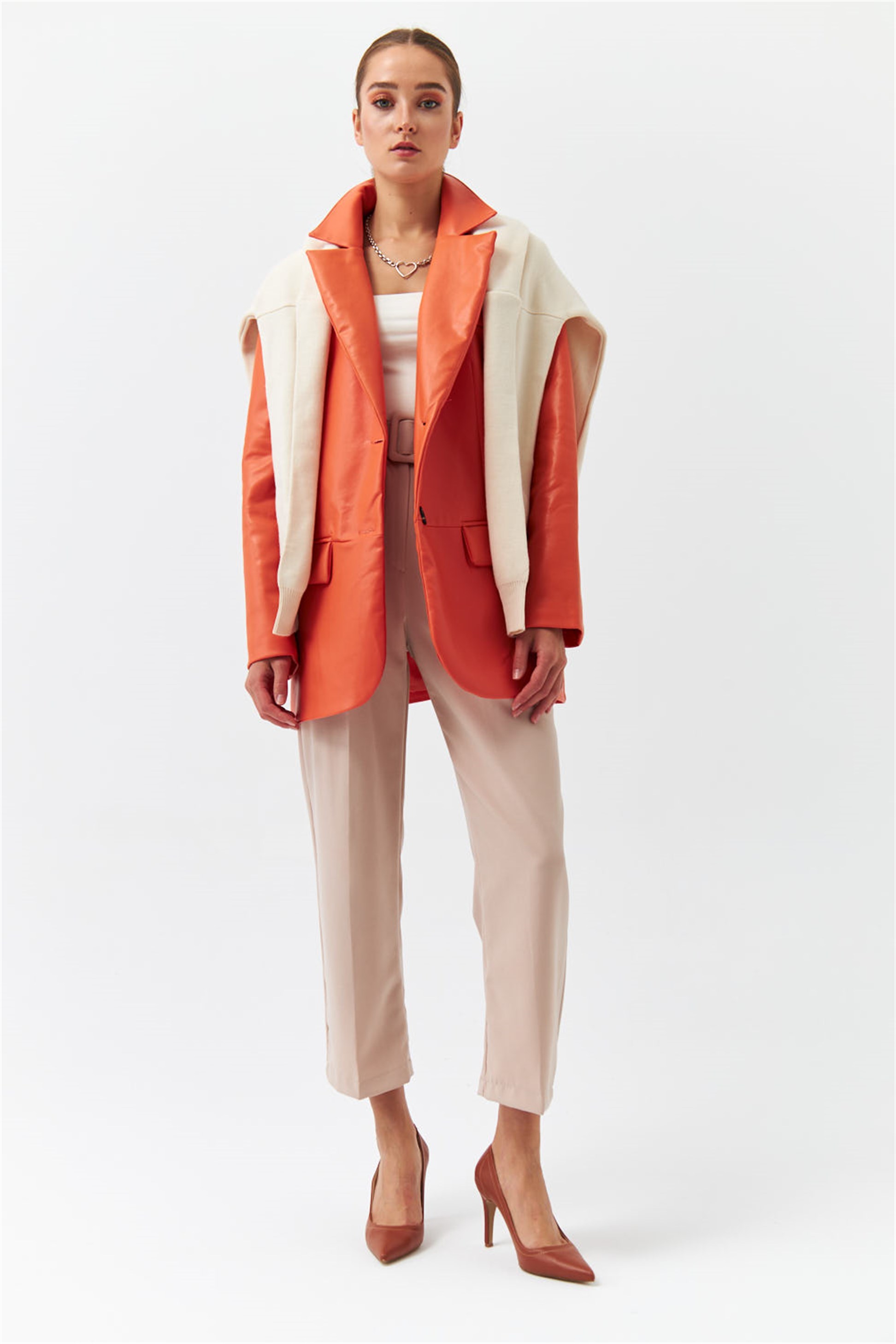 Modest Faux Leather Blazer Orange Women's Jacket