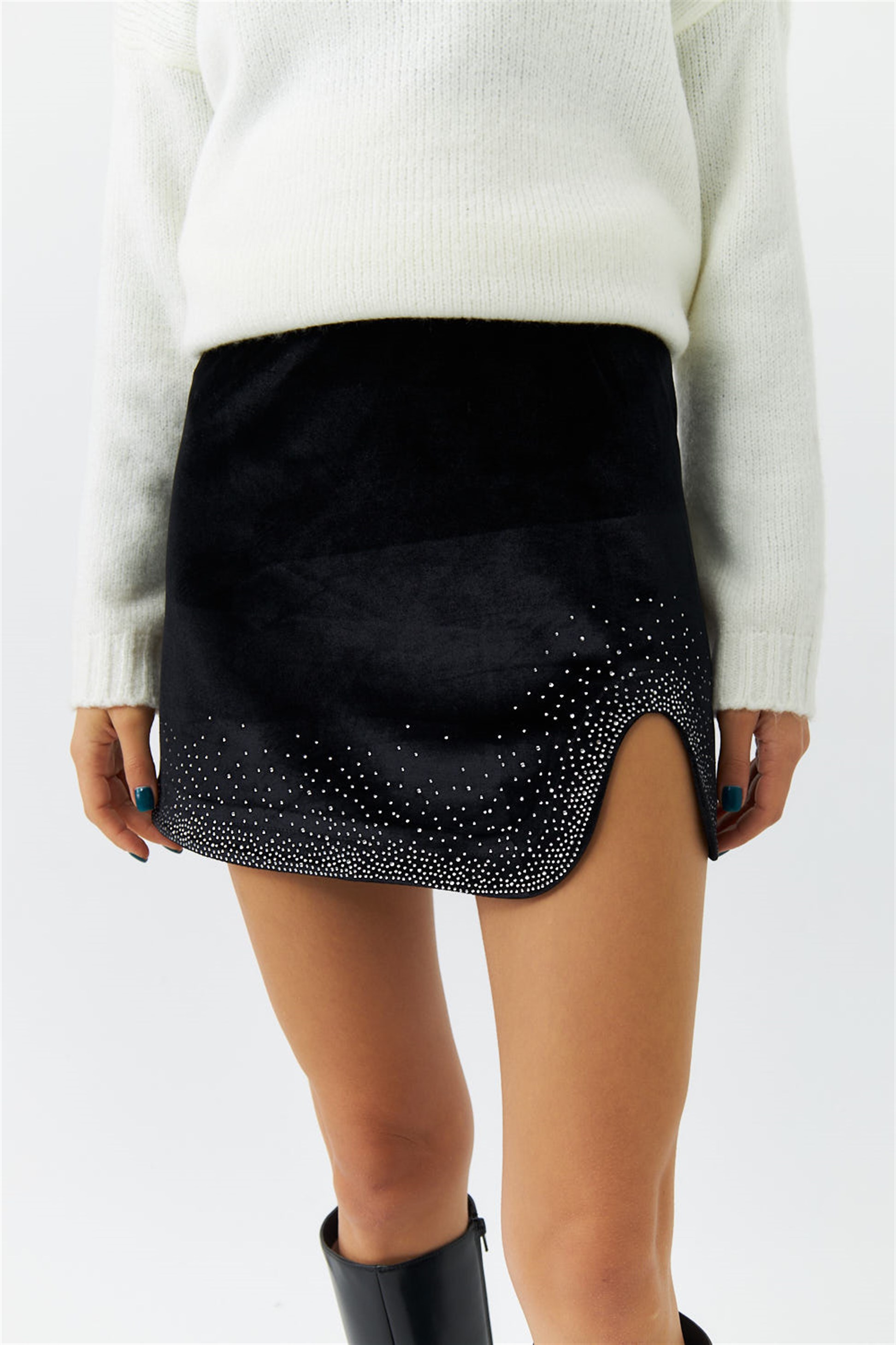 Shiny Stone Velvet Black Mini Skirt