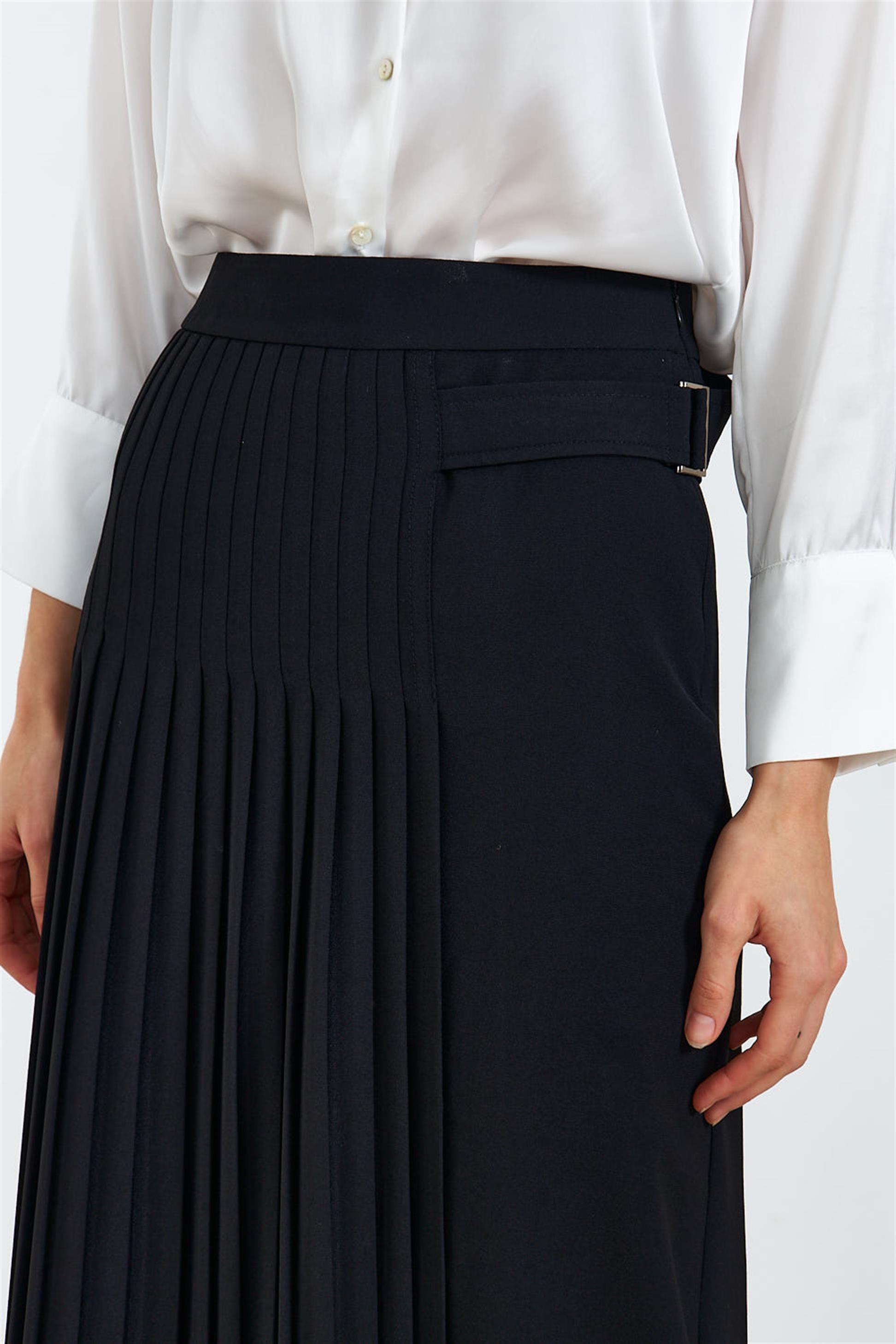 Pleated Midi Length Black Women's Skirt | Tuba Boutique