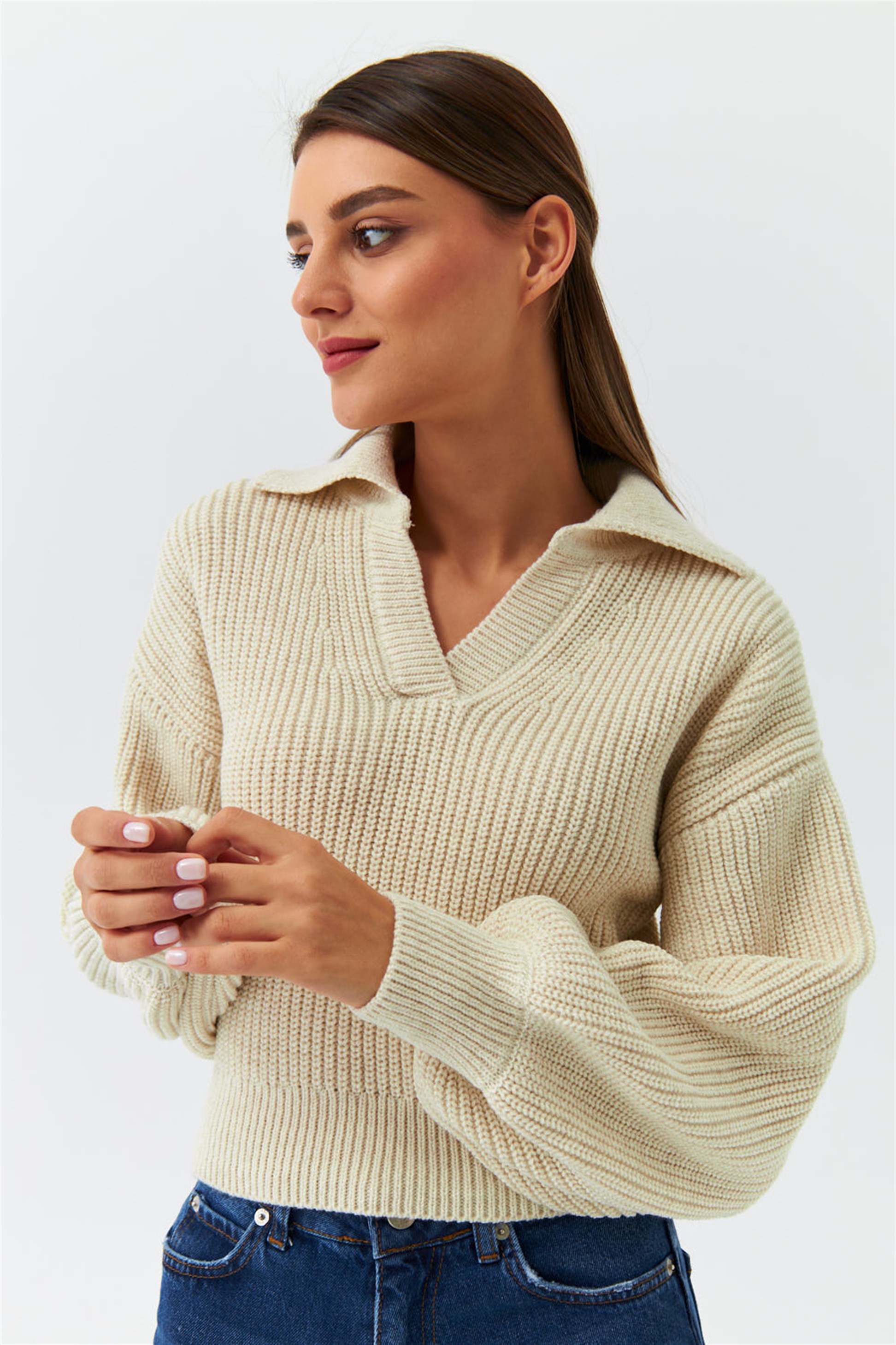 Polo Neck Knitwear Stone Color Women's Sweater
