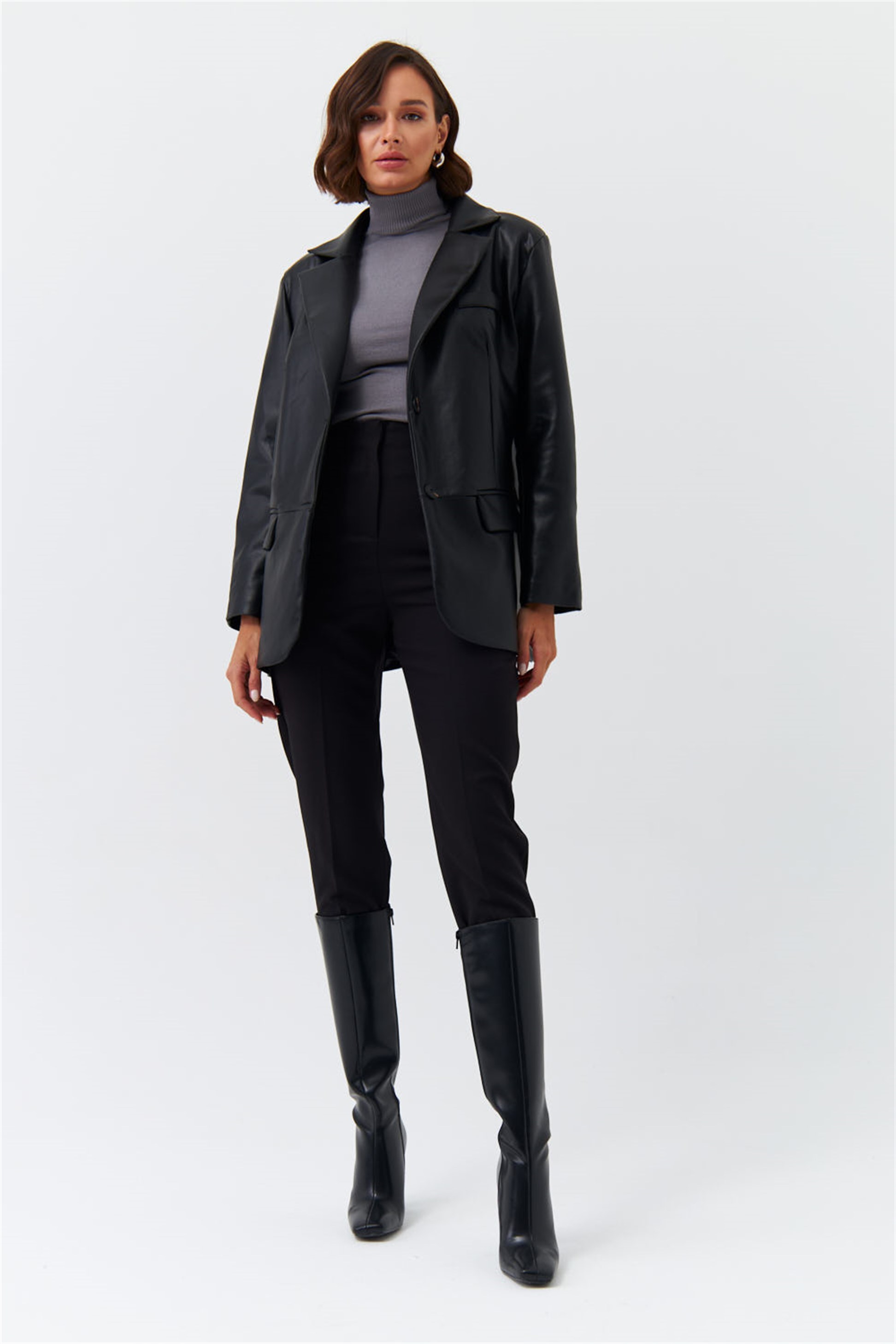 Faux Leather Blazer Black Women Jacket | Tuba Butik