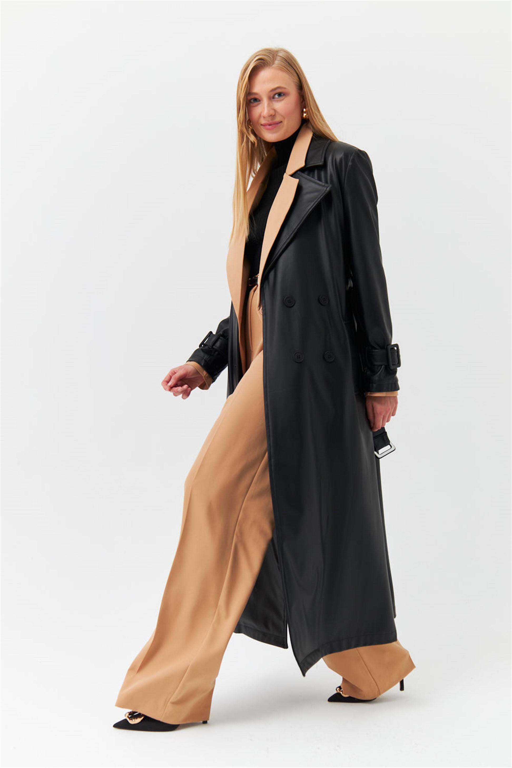 Black Women's Trench Coat With Faux Leather Belt