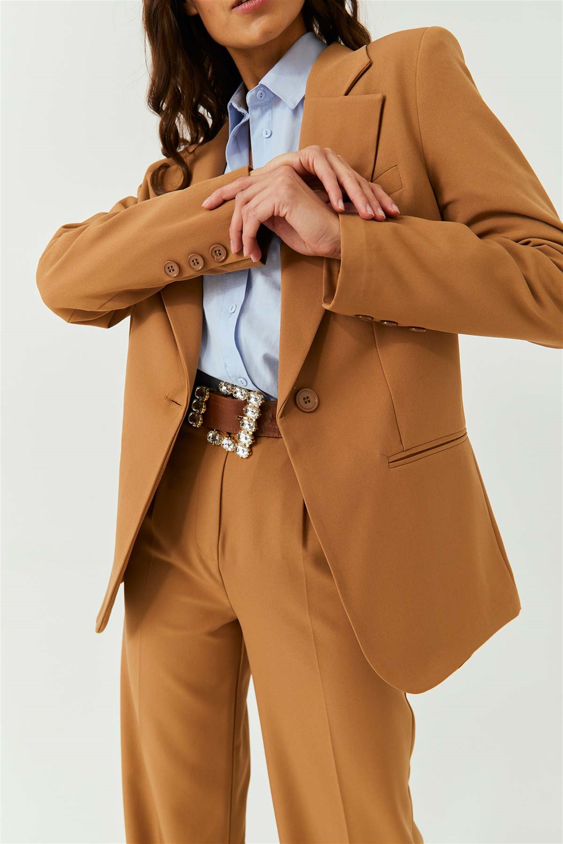 Tek Düğme Blazer Ceket Pantolon Açık Kahverengi Takım | Tuba Butik