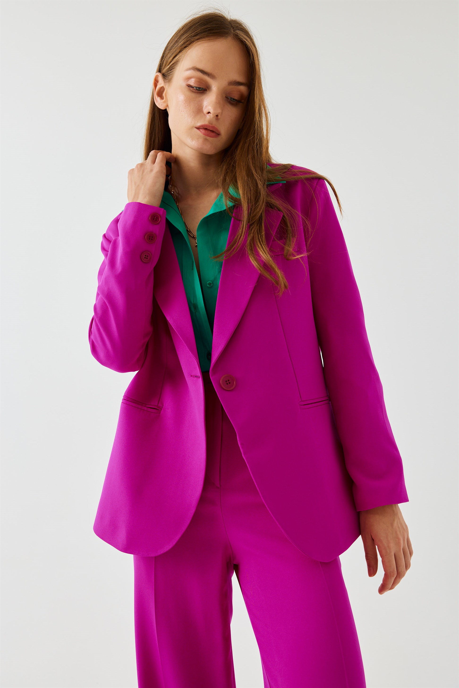 Single button Blazer Fuchsia Women's Jacket | Tuba Butik