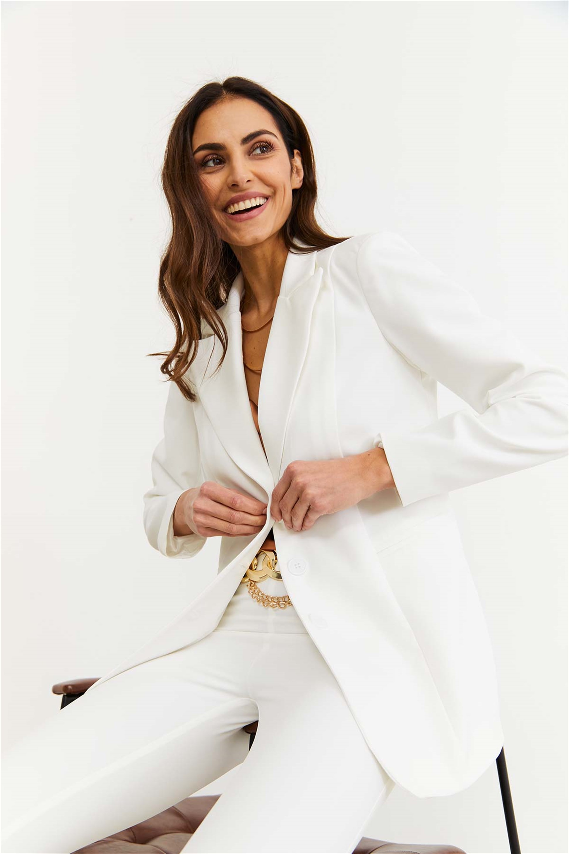 Vatkalı Blazer Beyaz Kadın Ceket | Tuba Butik