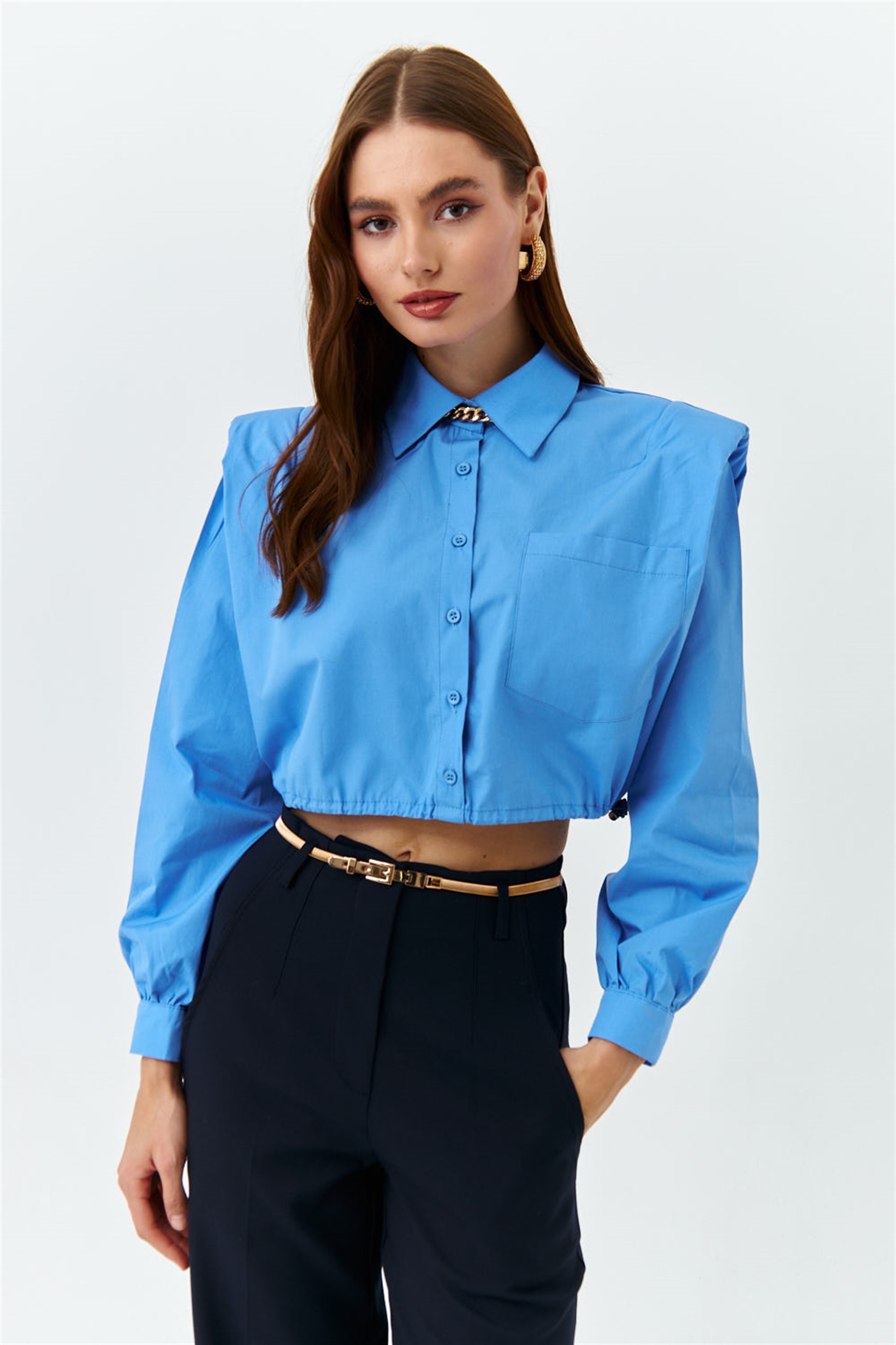 Vatkalı Crop Mavi Kadın Gömlek | Tuba Butik