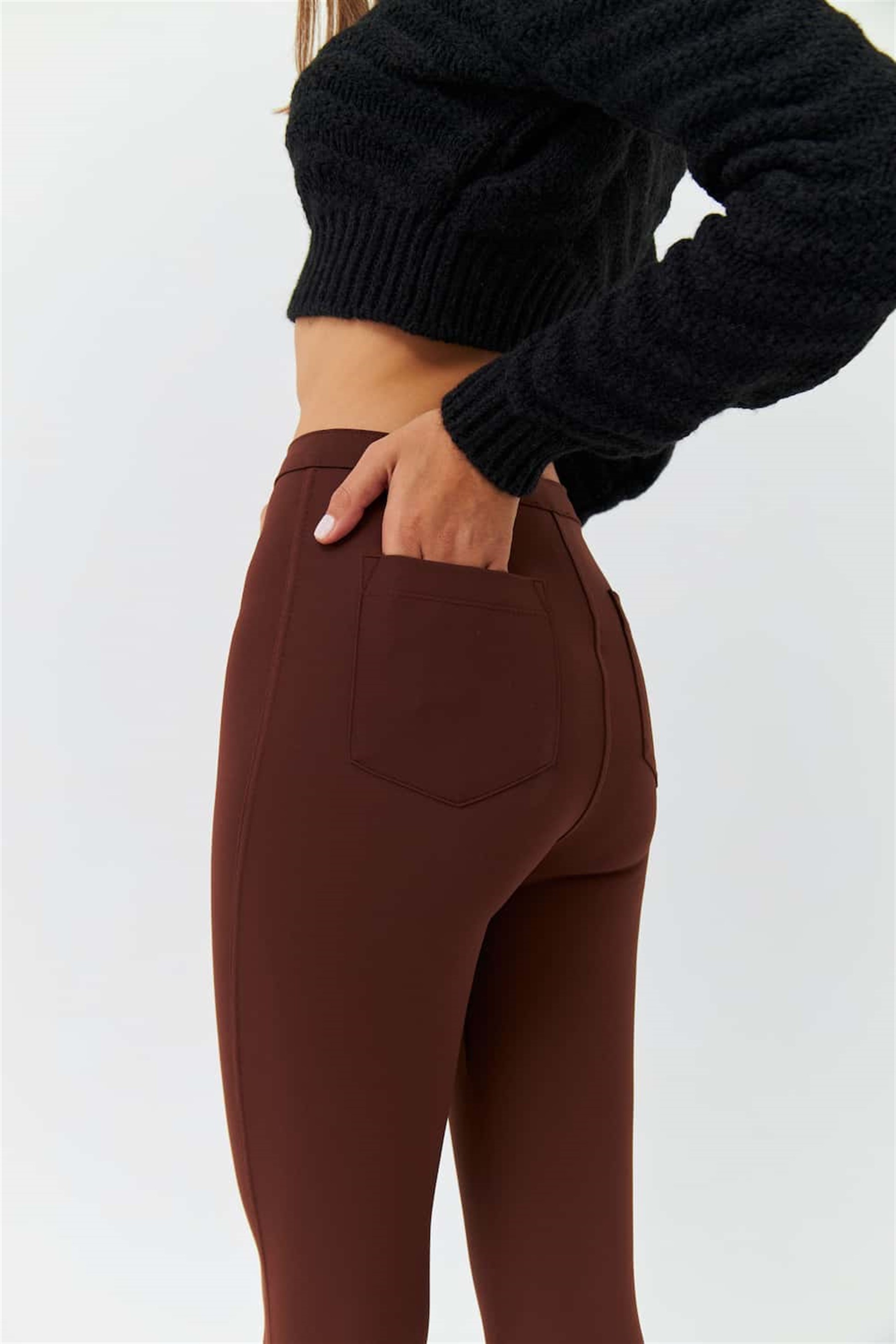 Yüksek Bel Toparlayıcı Kahverengi Kadın Tayt Pantolon | Tuba Butik