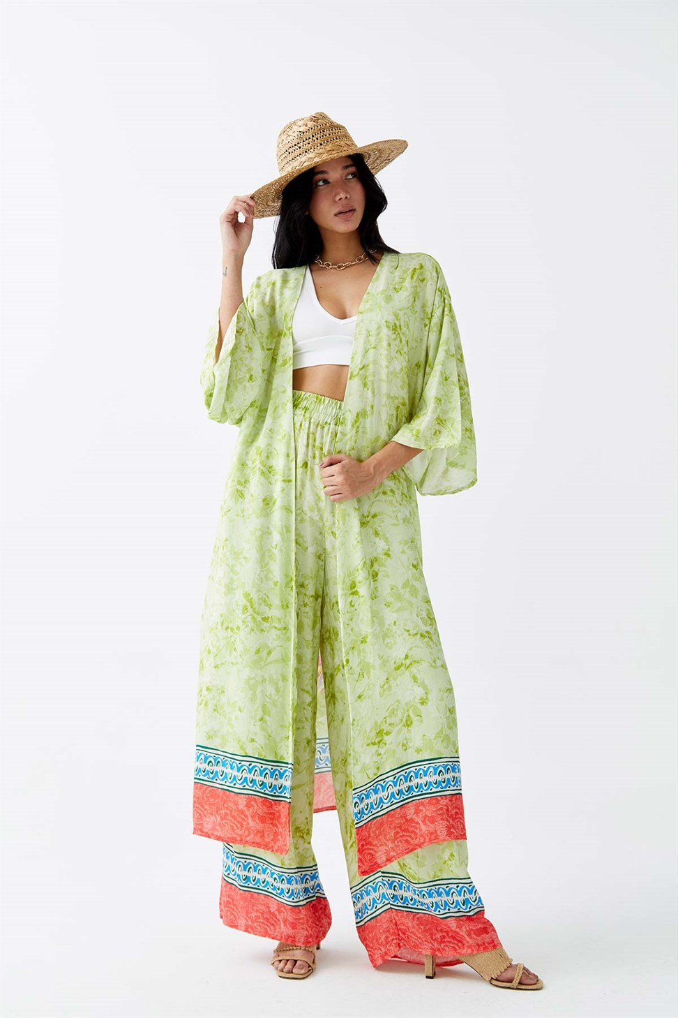 Desenli Pantolon Yeşil Kadın Kimono Takım