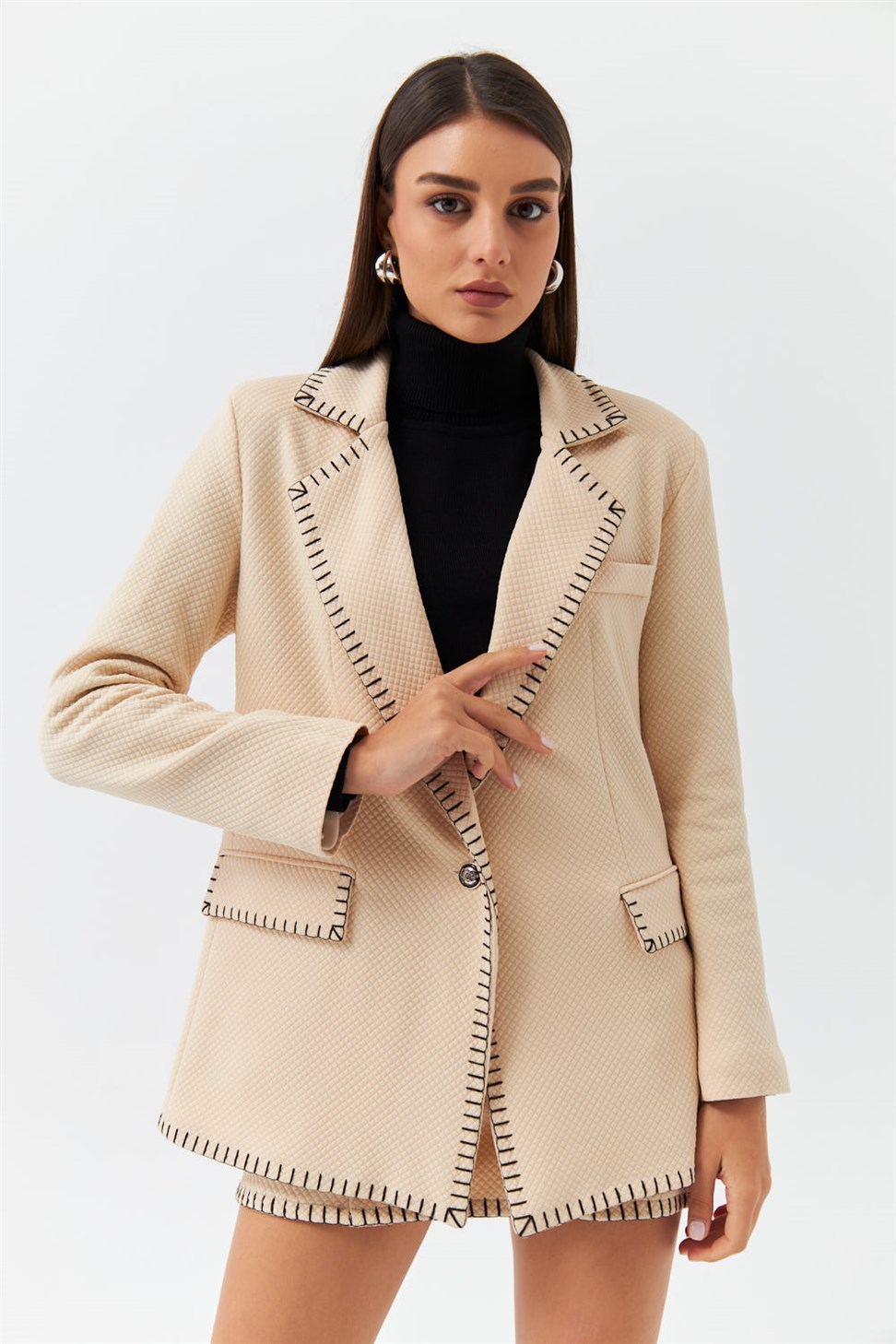 Dikiş Detaylı Blazer Krem Kadın Ceket | Tuba Butik