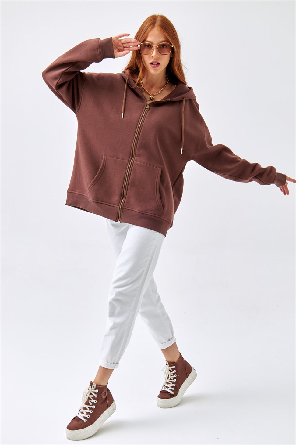 Fermuarlı Kapüşonlu Kahverengi Kadın Sweatshirt | Tuba Butik
