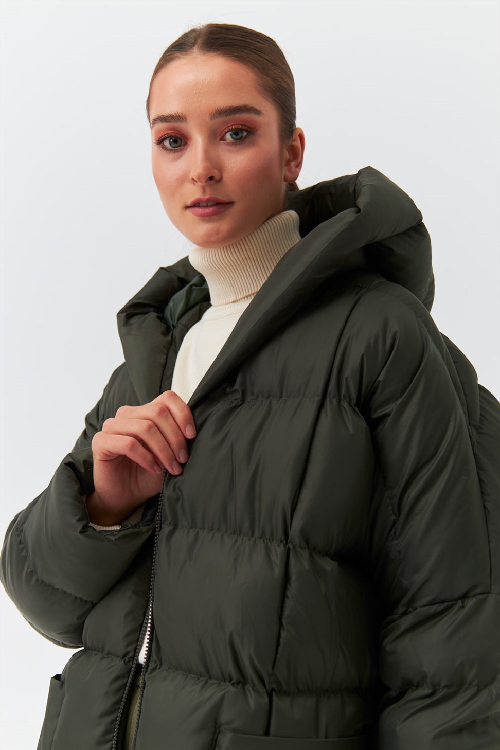 Modest Hooded Inflatable Khaki Women's Coats