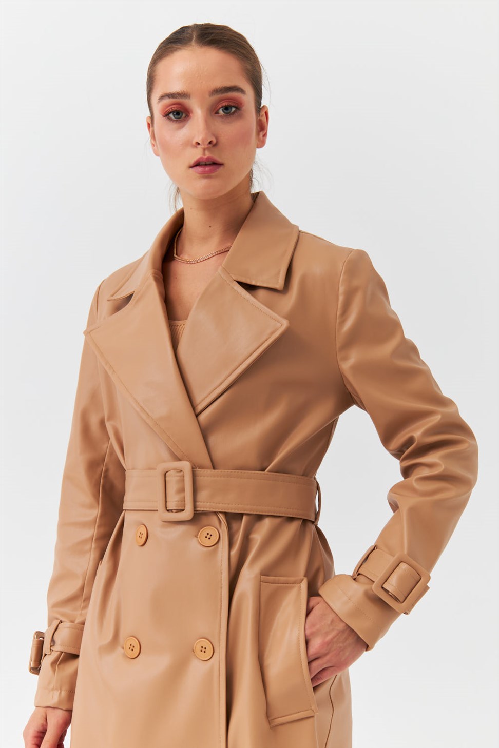 Modest Faux Leather Belt Camel Women's Trench Coat