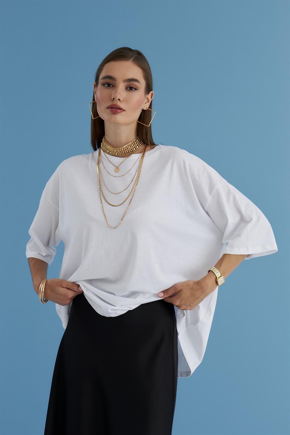 Oversize Kısa Kollu Beyaz Kadın Tişört | Tuba Butik