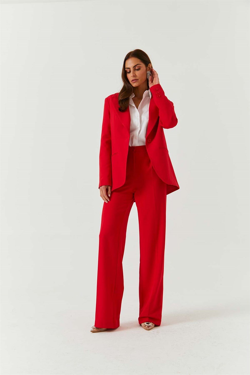 Single button blazer jacket pants red set | Tuba Butik