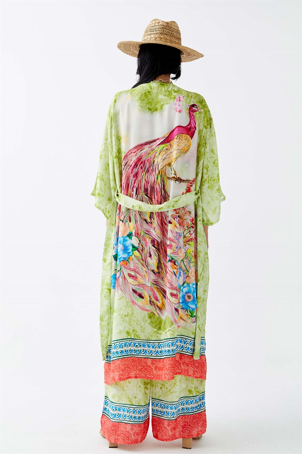 Desenli Pantolon Yeşil Kadın Kimono Takım