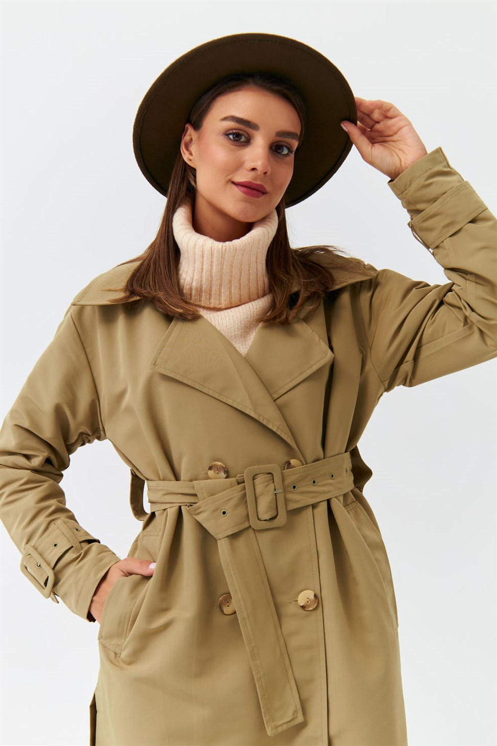 Double Breasted Collar Belted Green Women's Trench Coat
