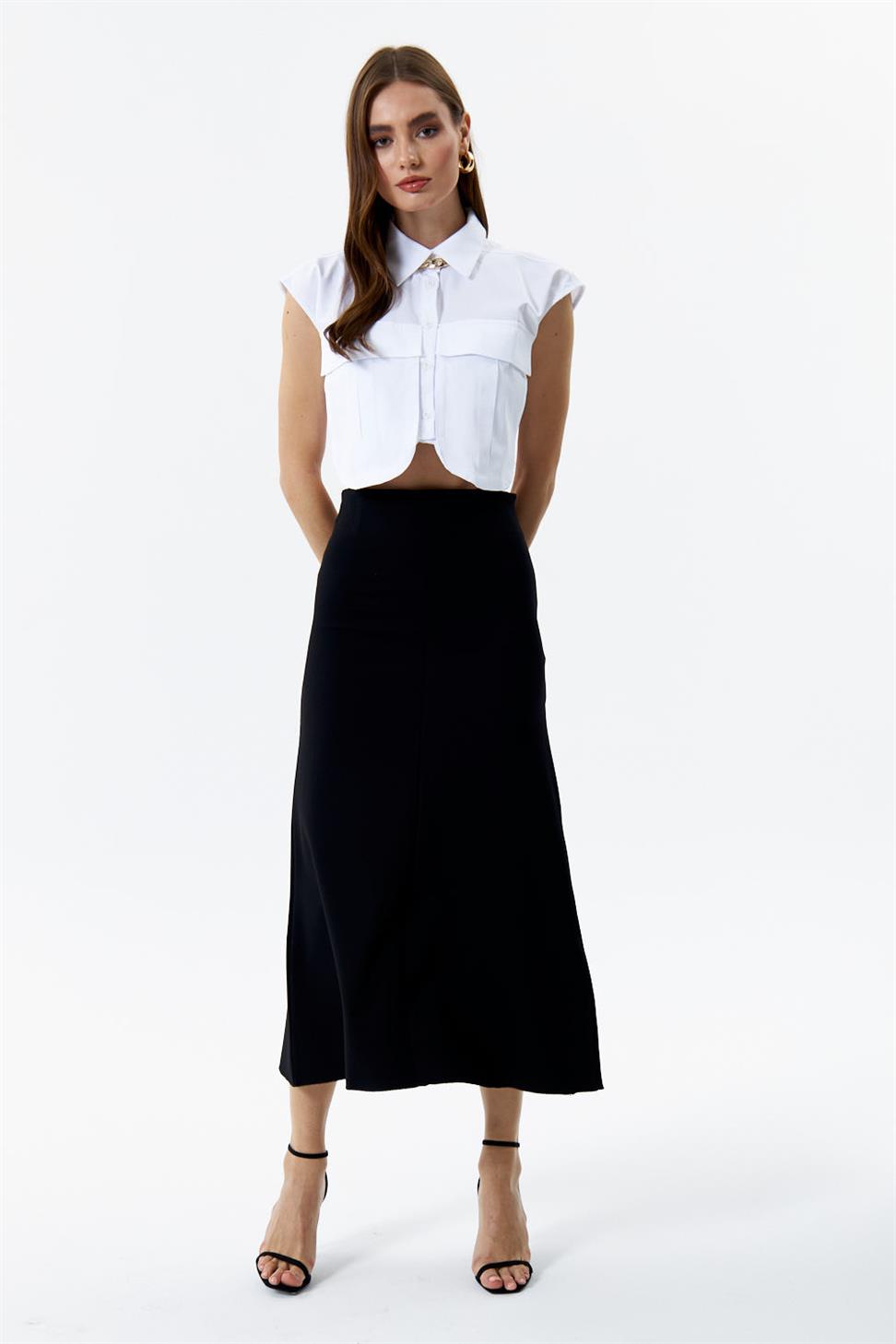 Midi Boy Siyah Kloş Etek Tuba Butik