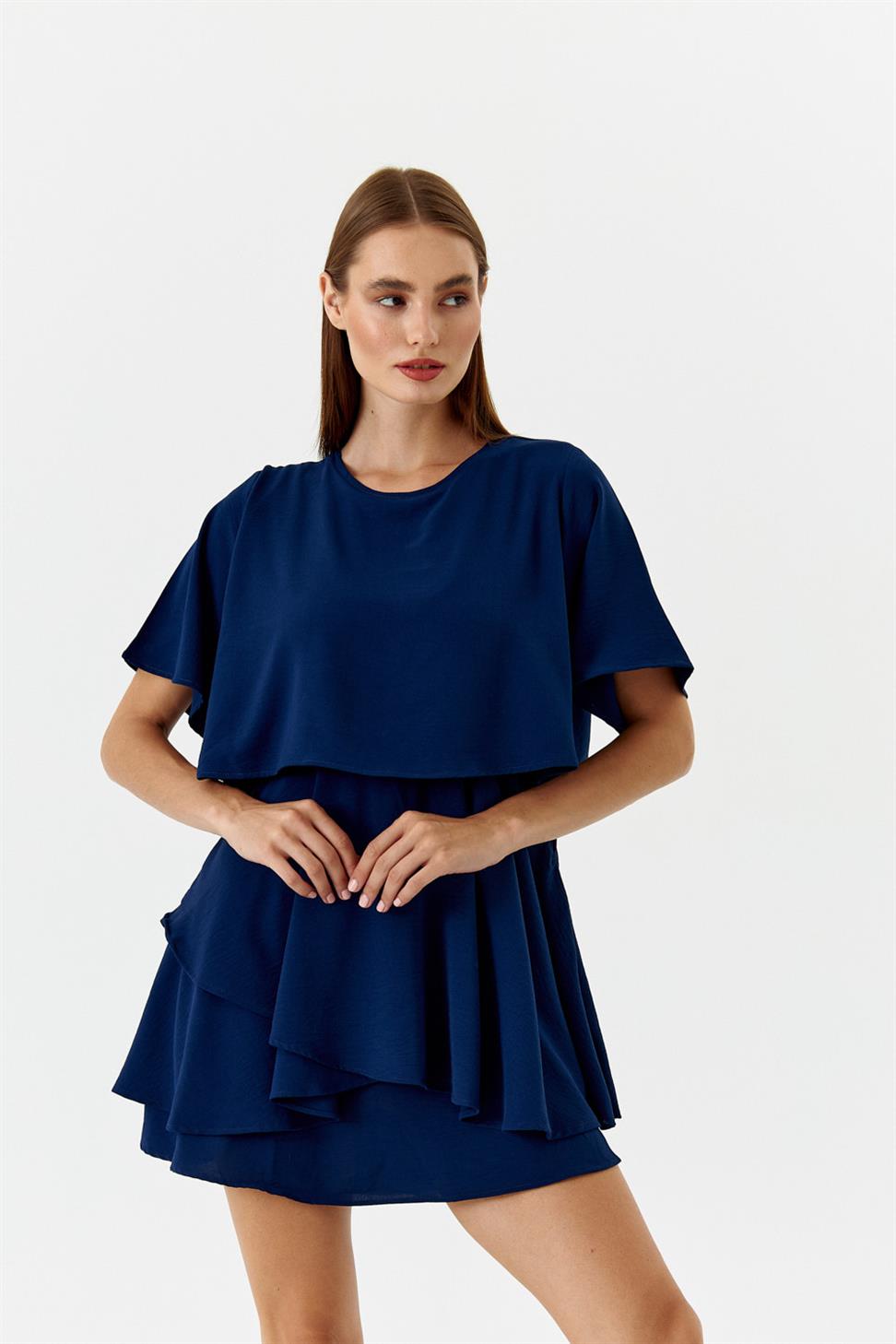 Pelerin Detaylı Volanlı Lacivert Mini Elbise Tuba Butik